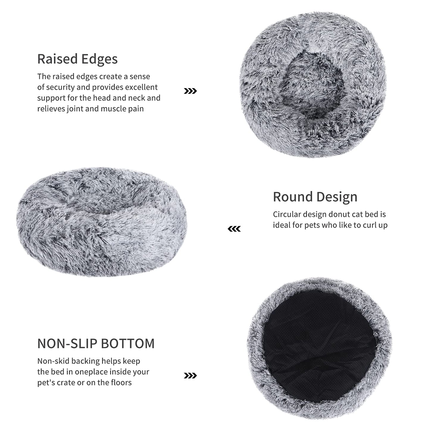 Vetasac Donut Dog Bed, Cat Calming Bed Anti-Anxiety Round Fluffy Faux Plush Soft Warming Cushion Sofa Beds for Small Medium Large Dogs Cats Washable JD003 (31 inch, Gradient Grey)