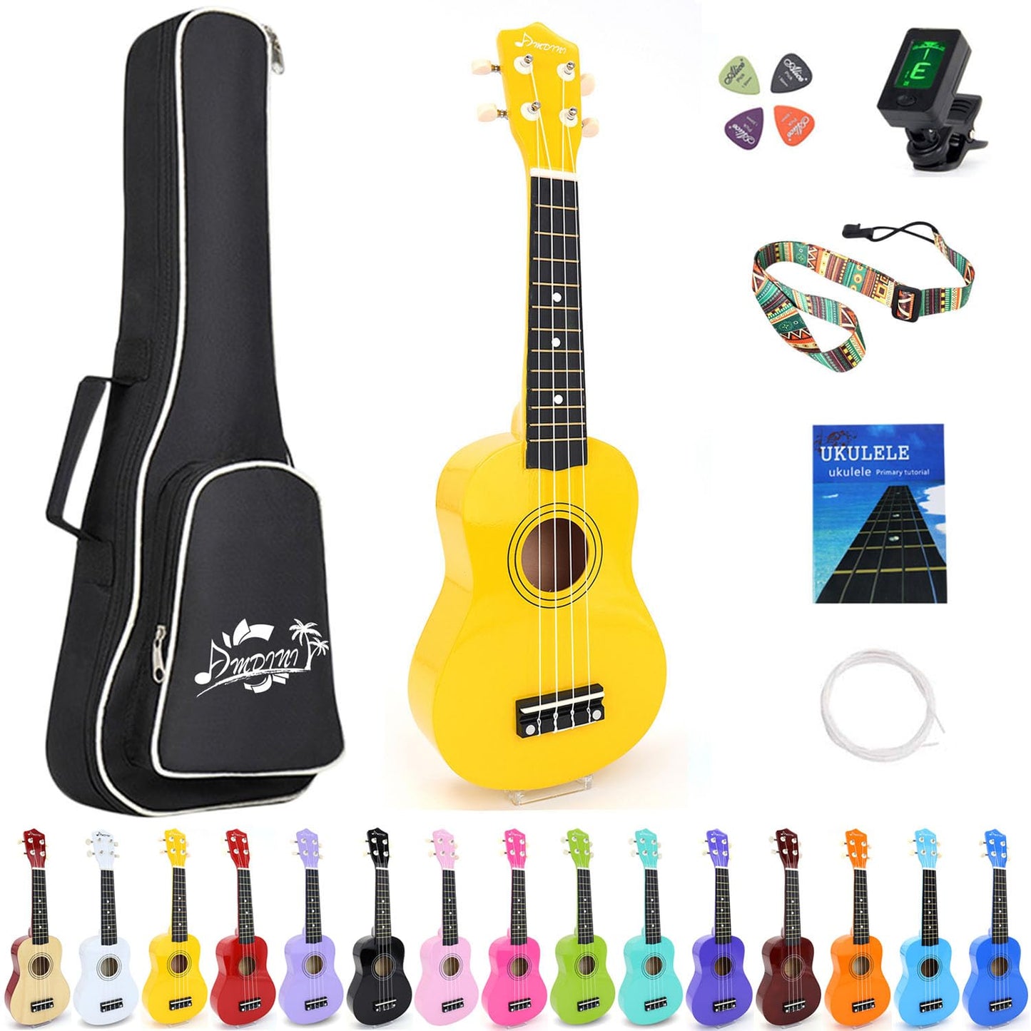 Amdini 21 Inch Ukulele for Beginners Basswood Soprano Ukelele Kit for Kids Adult Student Starter Mini Guitar Ukalelee Pack Bundle with Book Gig Bag Tuner Strap Picks Nylon Strings (Yellow)
