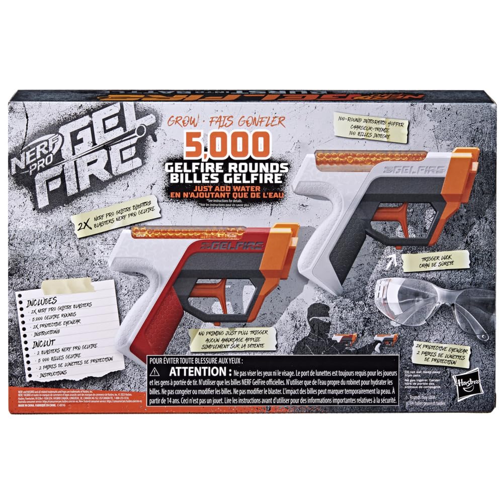 Nerf Pro Gelfire Dual Wield Pack, 2 Blasters, No-Prime Firing, 5000 Gelfire Rounds, 2X 100 Round Integrated Hoppers, 2 Eyewear, Ages 14 & Up