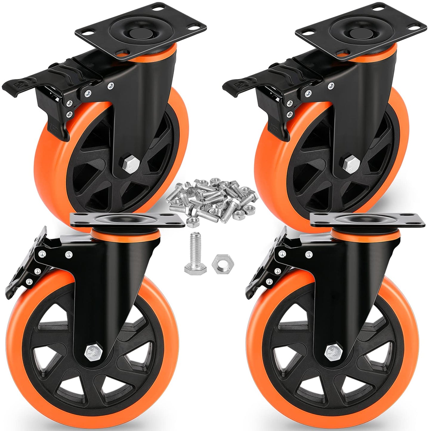 6 Inch Heavy Duty Plate Swivel Caster Set of 4 Wheels with Safety Brakes,PVC Wheels,No Noise Marking,Load 3000 Lbs(Free Screws)