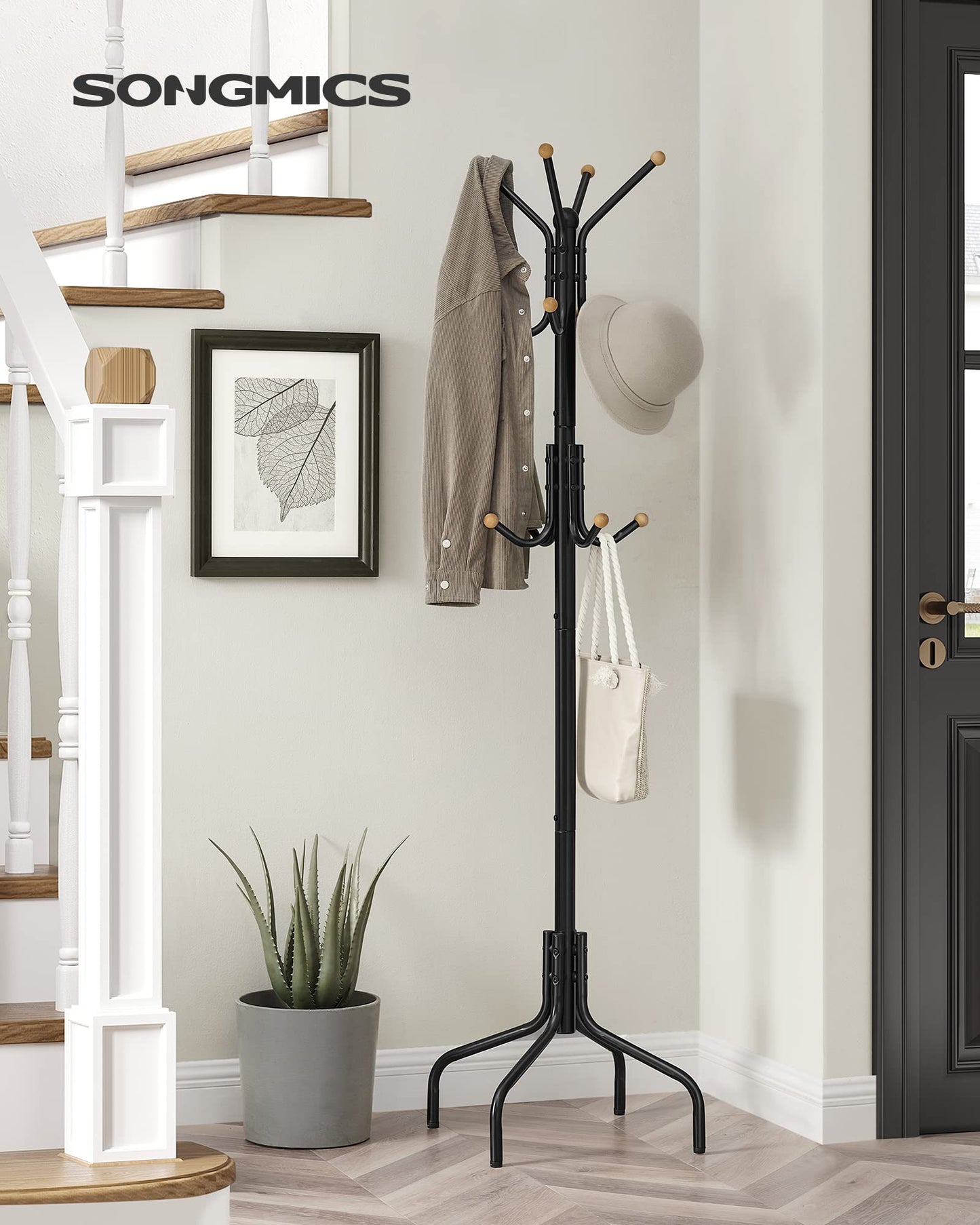 SONGMICS Coat Rack Freestanding, Metal Coat Rack Stand with 12 Hooks and 4 Legs, Holds Clothes, Hats, and Bags, for Entryway, Living Room, Bedroom, Black URCR031B01