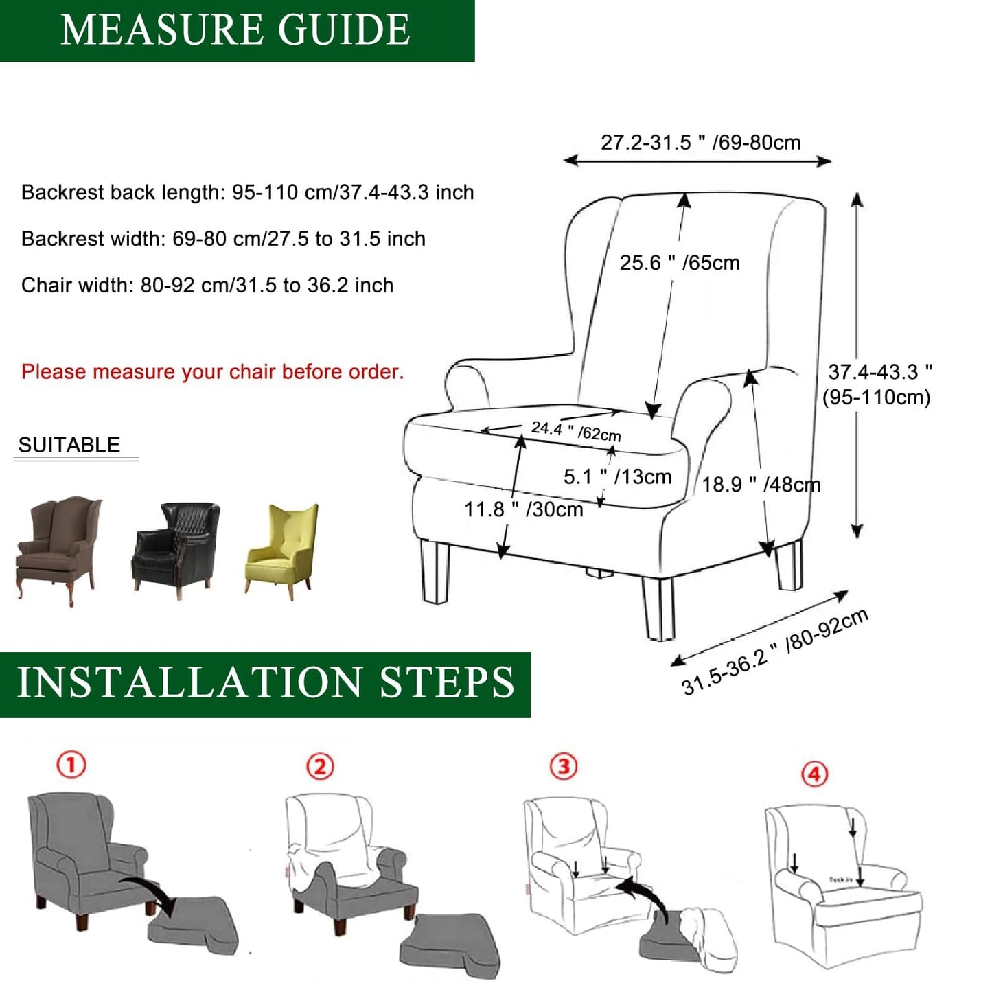 CRFATOP 2 Piece Stretch Wingback Chair Slipcover Printed Wing Chair Covers Polyester Fabric Wingback Armchair Covers Furniture Protector with Elastic Bottom for Living Room Bedroom Wingback Chair,02