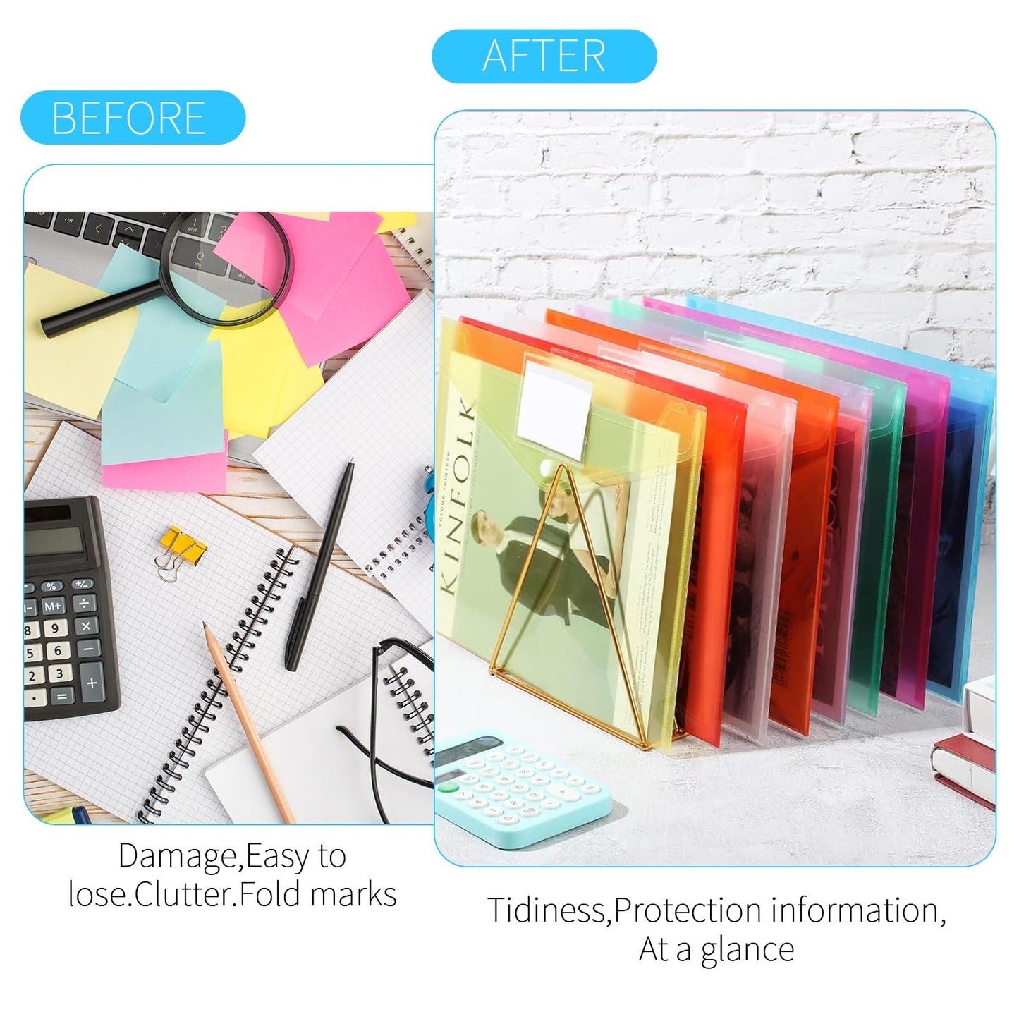 100 Pcs Clear Envelopes Bulk, A4 Letter Size Plastic File Folders with Snap Button, Waterproof File Pouches Document Envelopes for Office School Home Organization