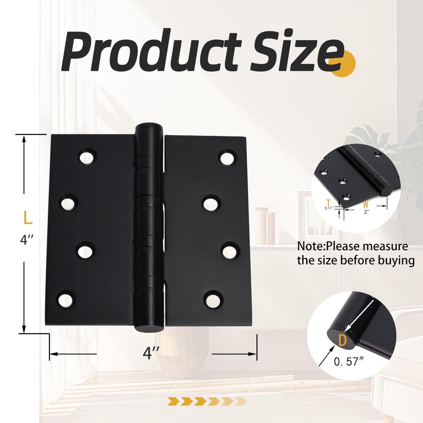3 Pack 4 inch X 4 inch Heavy Duty Black Door Hinge, Interior & Exterior Door Hinges with Square Corner Ball Bearing, 0.11" Thickness Stainless Steel, with 24 Screws (Matte Black Hinge)