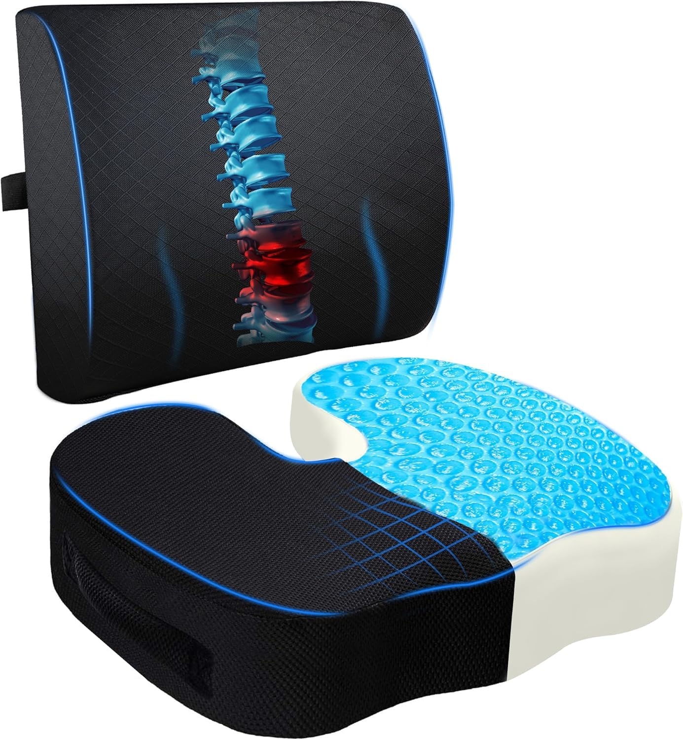 EcoNour Lumbar Support Pillow & Seat Cushion Back Support for Office Chair, Gaming, Wheel Chair & Car Seat | Gel Seat Cushion for Back and Butt Support, Tailbone, Sciatica & Coccyx Pain Relief