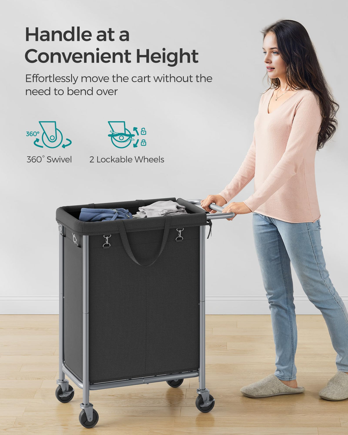 SONGMICS Laundry Basket with Wheels, 2-Section Rolling Laundry Hamper, 37 Gallons (140 L), Removable Liner, Steel Frame with Handle, 69 x 39 x 81 cm, Ink Black URLS004B01
