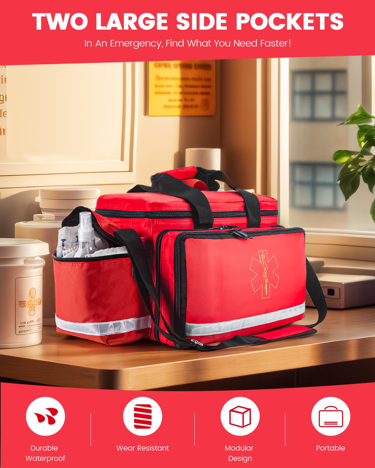 PTAHON Medical Bag - First Aid Bag Empty, EMT Bag for EMTs, Paramedics & First Responders, 25.8" Water-Resistant, 360° Reflective, 4 Dividers, 3 Removable Transparent Pouches, Padded Detachable Strap