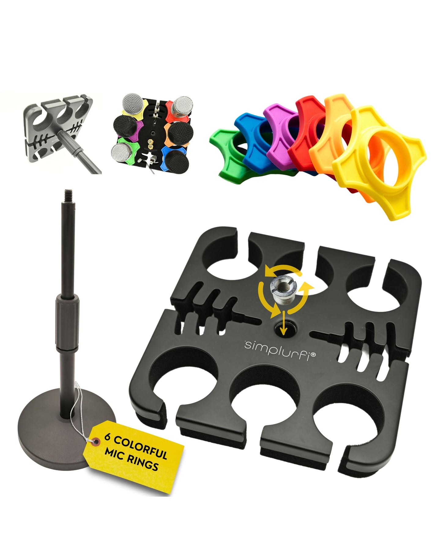 Multi Microphone Holder Cable Hanger & Organizer with Desktop Mic Stand - Square Tray Attachment holds up to 6 mics On Stage Organizer and Display - 6 Anti-roll Rings Included