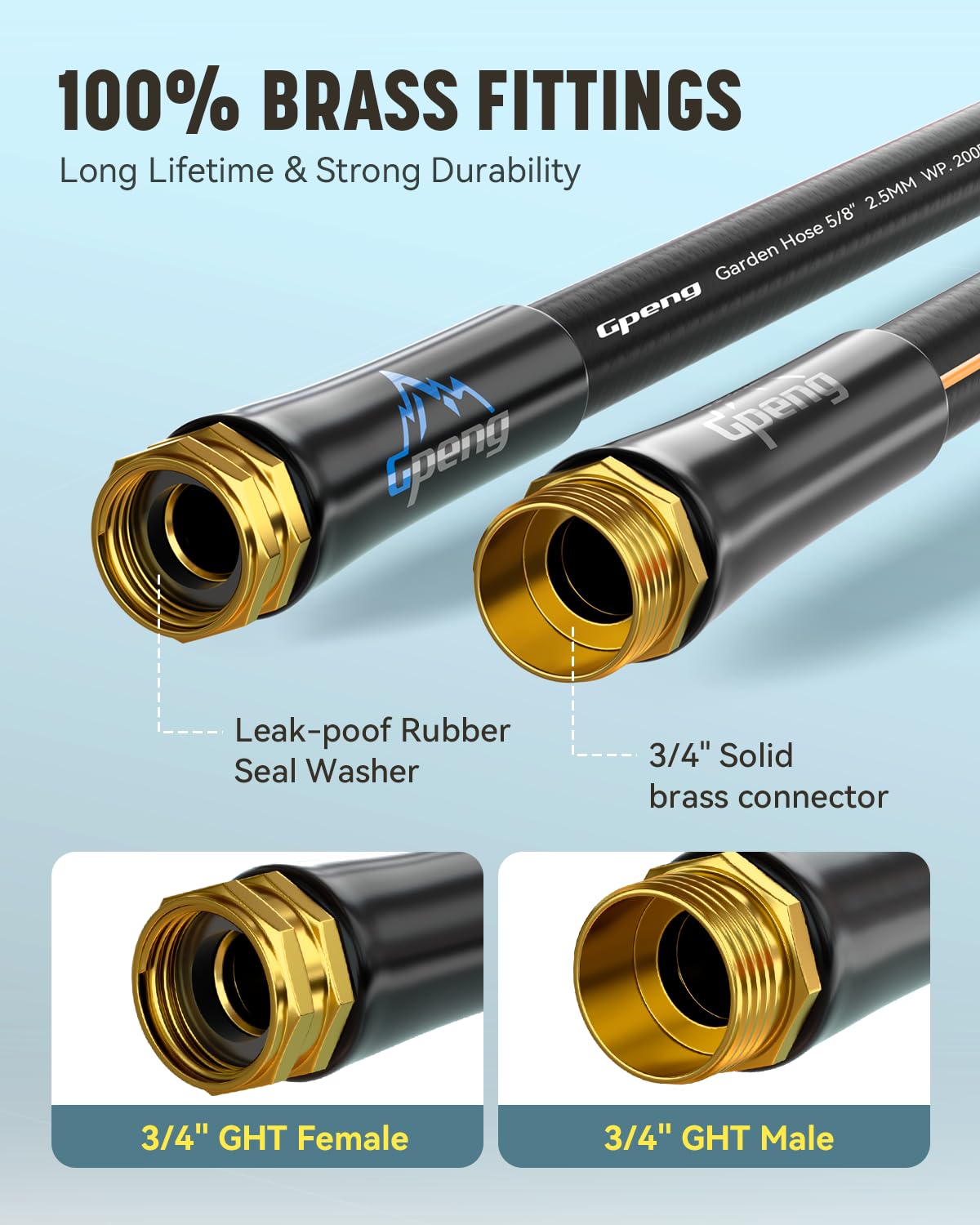 Gpeng Heavy Duty Garden Hose, 50ft x 5/8" Water Hose, Flexible Hybrid Hose with 10-Pattern Spray Nozzle, Swivel Handle, Male to Female Fittings, Burst 600 PSI