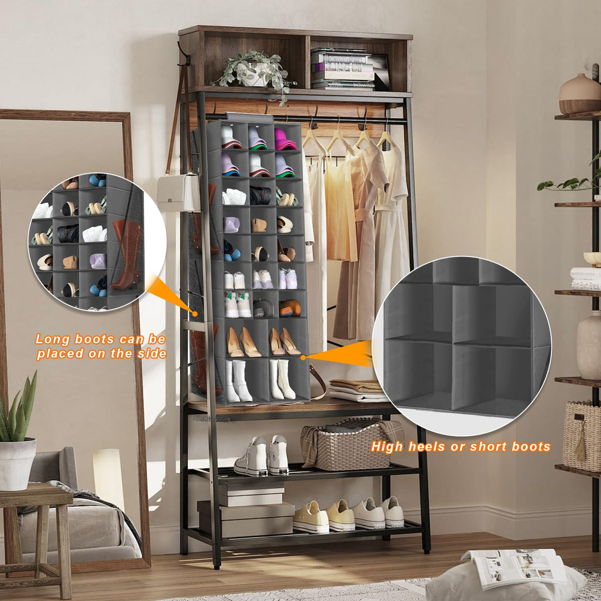 Hanging Shoe Organizer for Closet, Hanging Shoe Storage Rack Holder Shelves,Collapsible Shoe Closet Organizers and Storage with 4 Large Side Pockets,25 Sections for Shoes,Hats,Clothes(Gray)