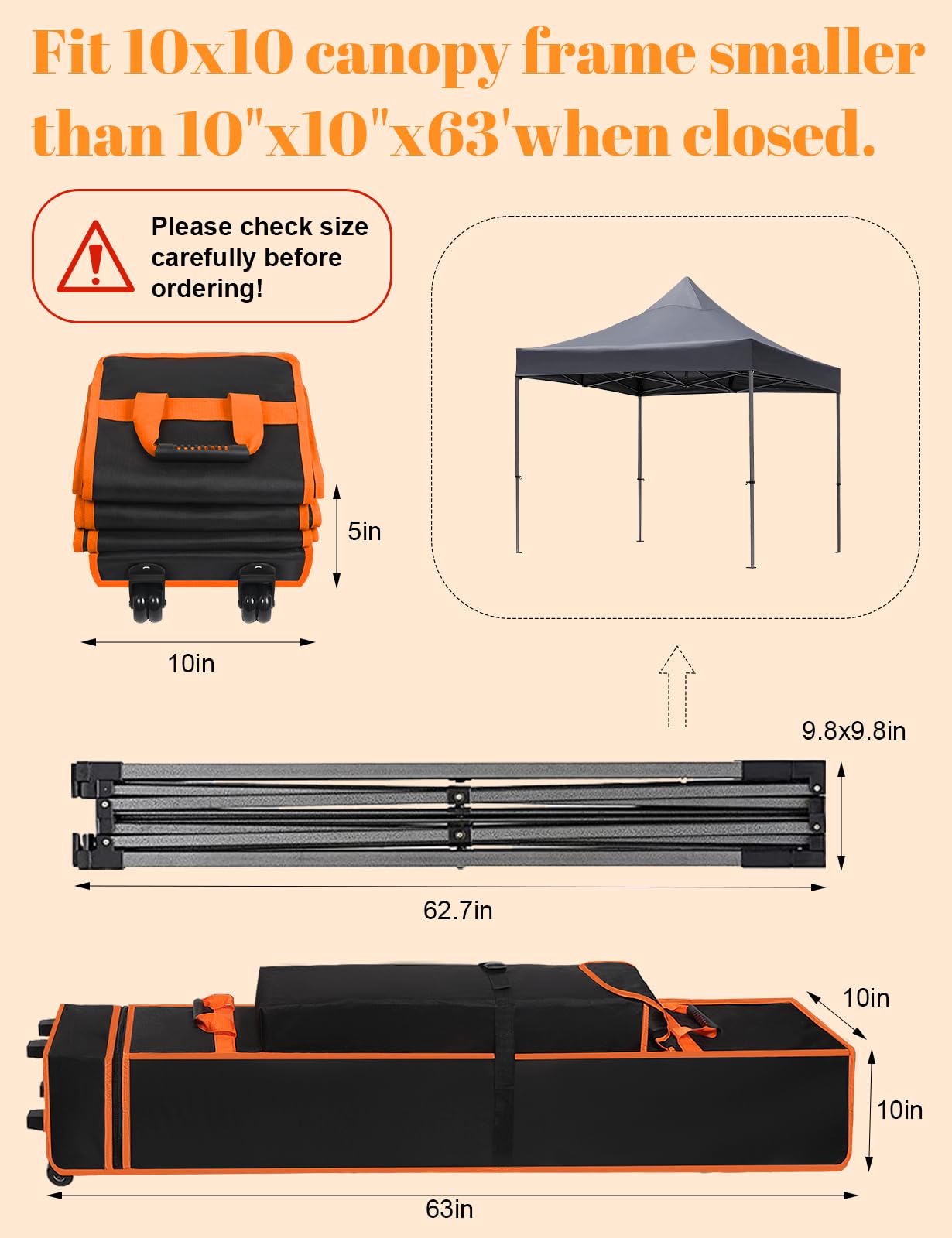 Heavy Duty Canopy Bag Replacement, Large Tent Storage Bag with Roller Wheels 63X10X10in, 800D Oxford Fabric Pop Up Canopy Replacement Parts