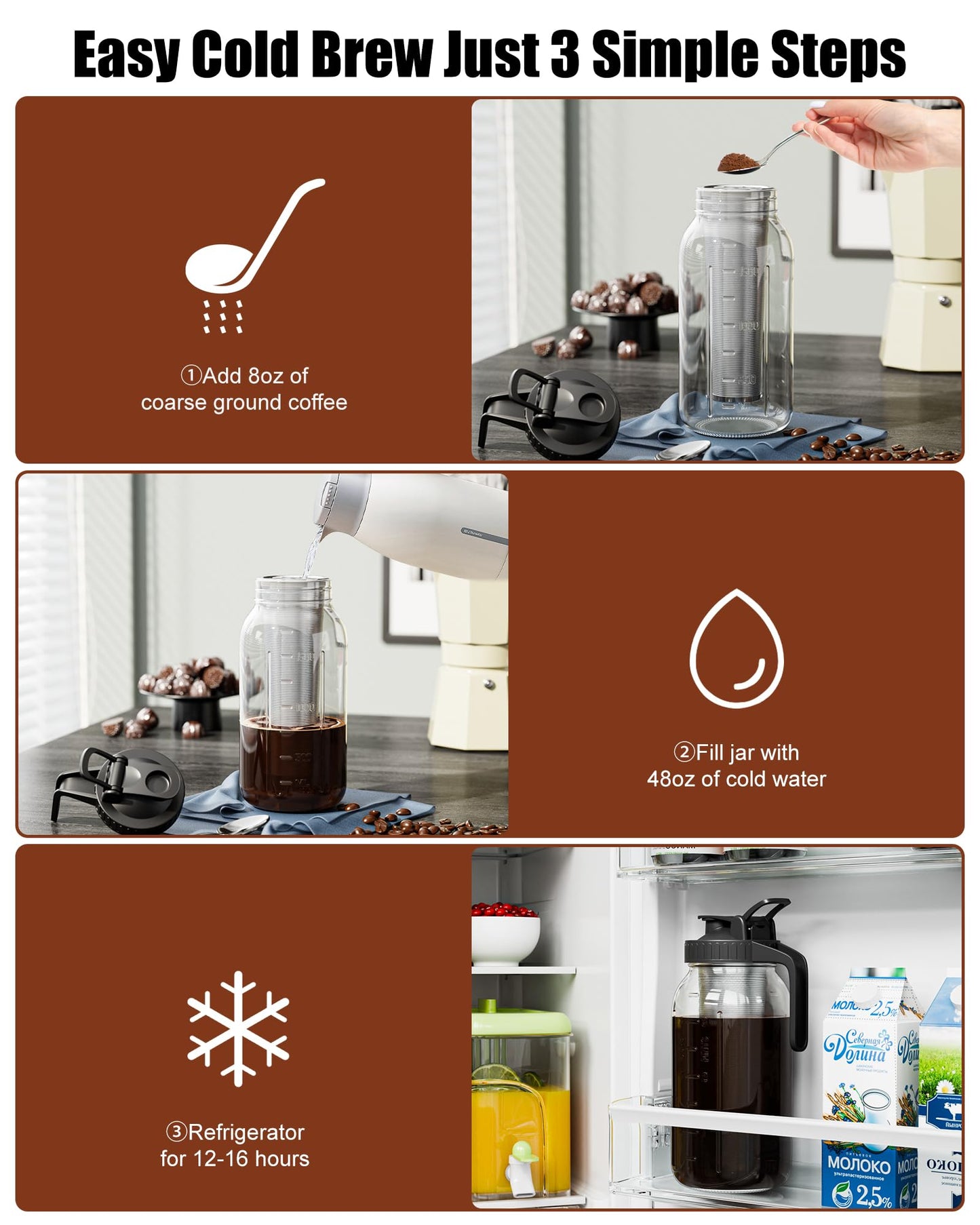 Set of 2 Cold Brew Coffee Makers 64oz with Stainless Steel Filter, Iced Coffee Maker with Leakproof Lid & Handle, Mason Jar Pitchers for Cold Brew