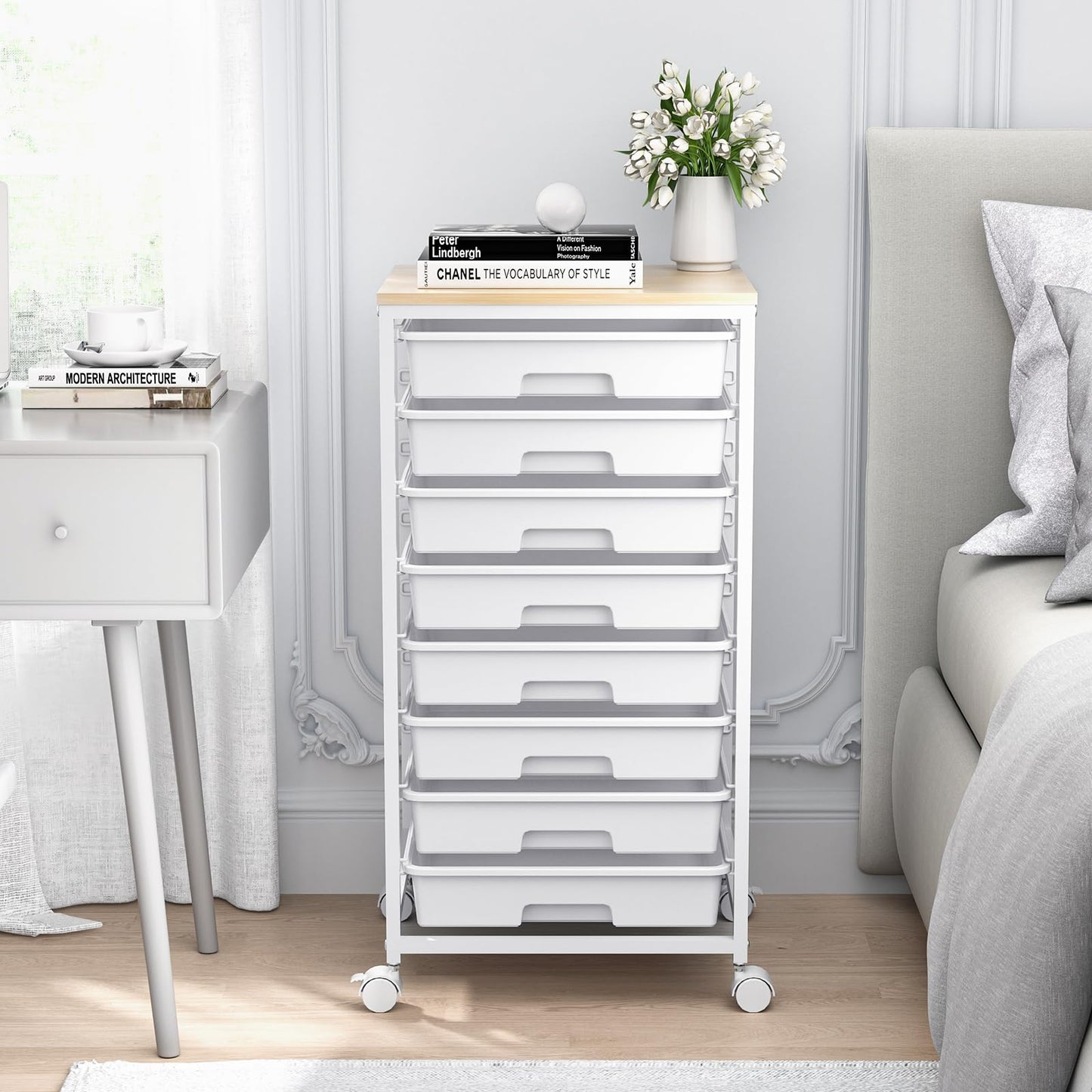 SYKIARIOL Utility Cart with 8 Drawer,Rolling Storage Cart with Wooden Tabletop and Lockable Wheels,Storage Drawer Cart with Large Capacity, 8 Tiers Drawer Cart for Home Office,Nature White