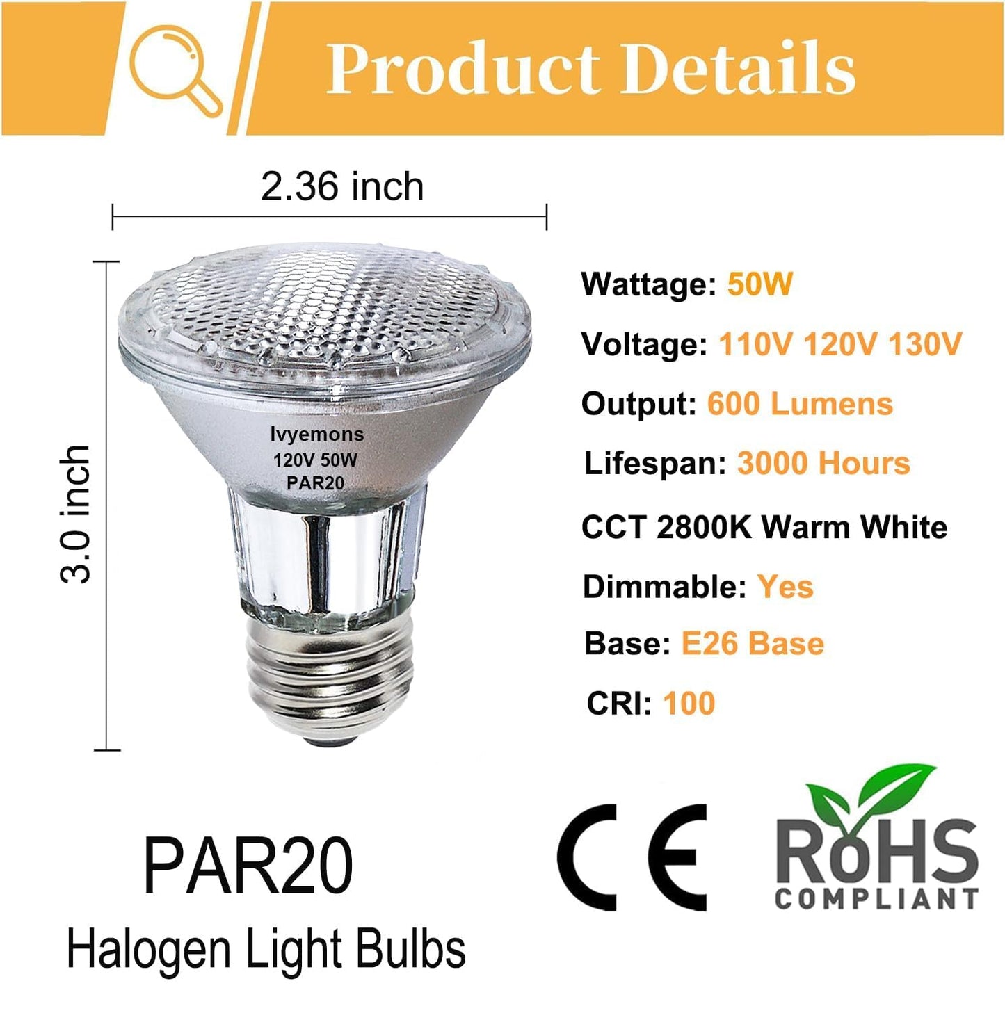 Ivyemons PAR20 50W Halogen Bulb - 9 Pack 120V 50W PAR20 Flood Light Bulbs with E26 Base, PAR20 Dimmable 2800K Warm White, Long Lasting PAR20 Bulb for Track Lighting & Hood Range Light Bulbs