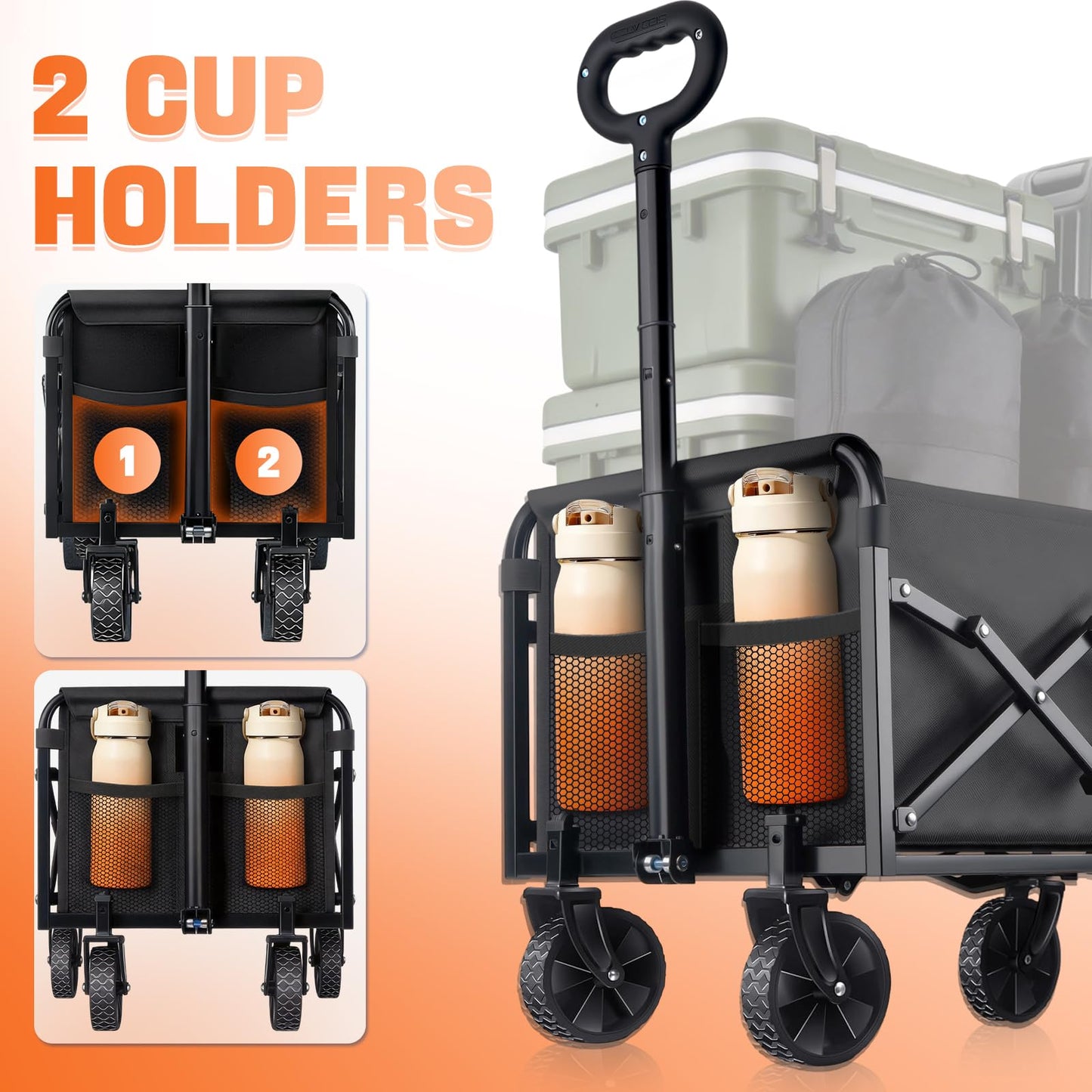 Collapsible Foldable Wagon Cart with Wheels - 220LBS Heavy Duty Utility Cart, Portable Lightweight Folding Wagon with All-Terrain Wheels & 2 Cup Holders for Beach Camping Shopping Grocery Garden
