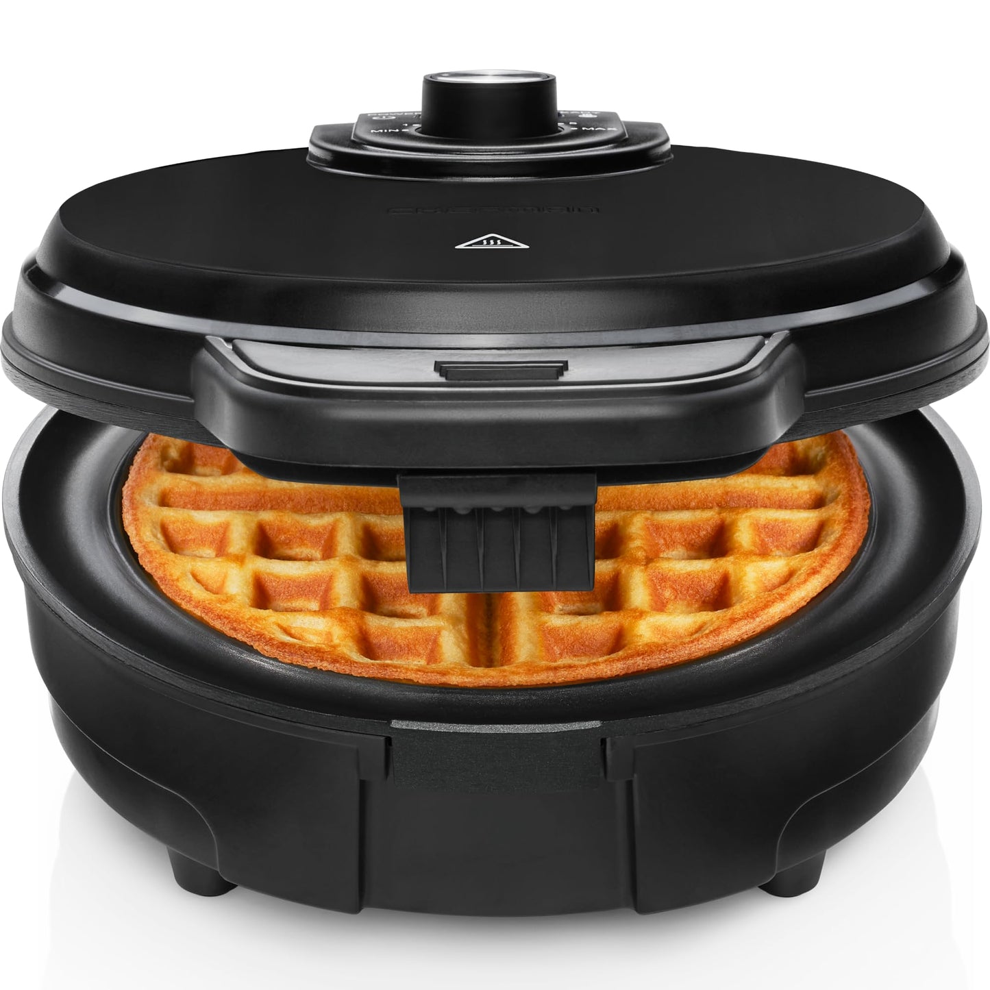 Chefman Anti-Overflow Belgian Waffle Maker w/ Shade Selector, Temperature Control, Mess Free Moat, Round Iron w/ Nonstick Plates & Cool Touch Handle, Measuring Cup Included, Black
