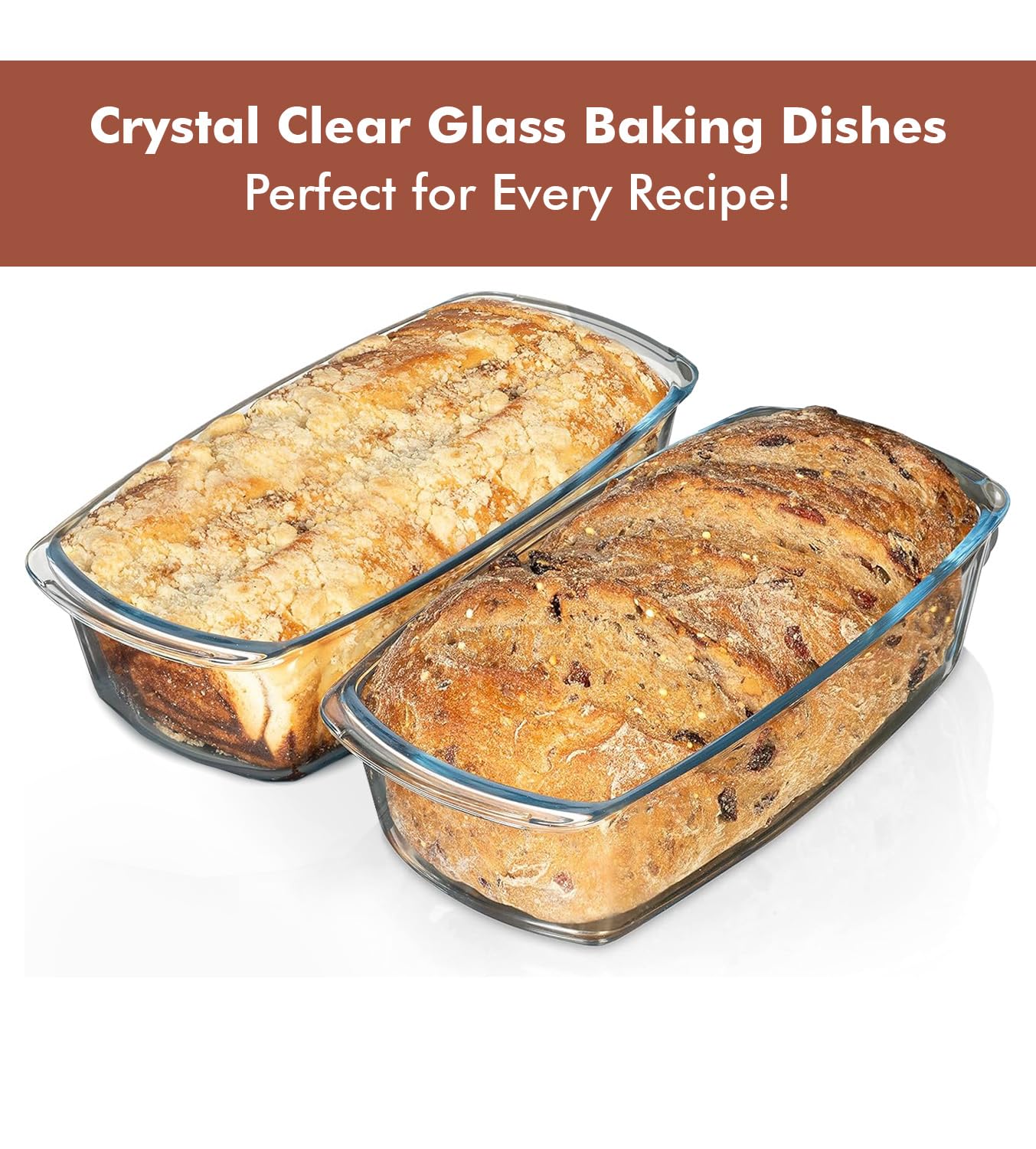 Razab 7.6 Cups / 1800ml / 1.9 Qt Large Glass Loaf Pan with Lids (Set of 2) - BPA-Free Meatloaf Pan with Easy-Grip Handle - 10 x 5 in Bread Baking Pan, Microwave & Oven Safe