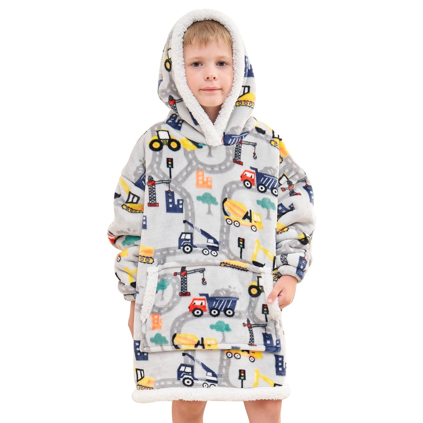 softan Wearable Blanket Hoodie for Kids, Super Warm and Soft Sherpa Flannel Sweatshirt Blanket with Giant Pocket, Todder Hooded for 2-6 Year Old Boys Gifts, Construction Truck