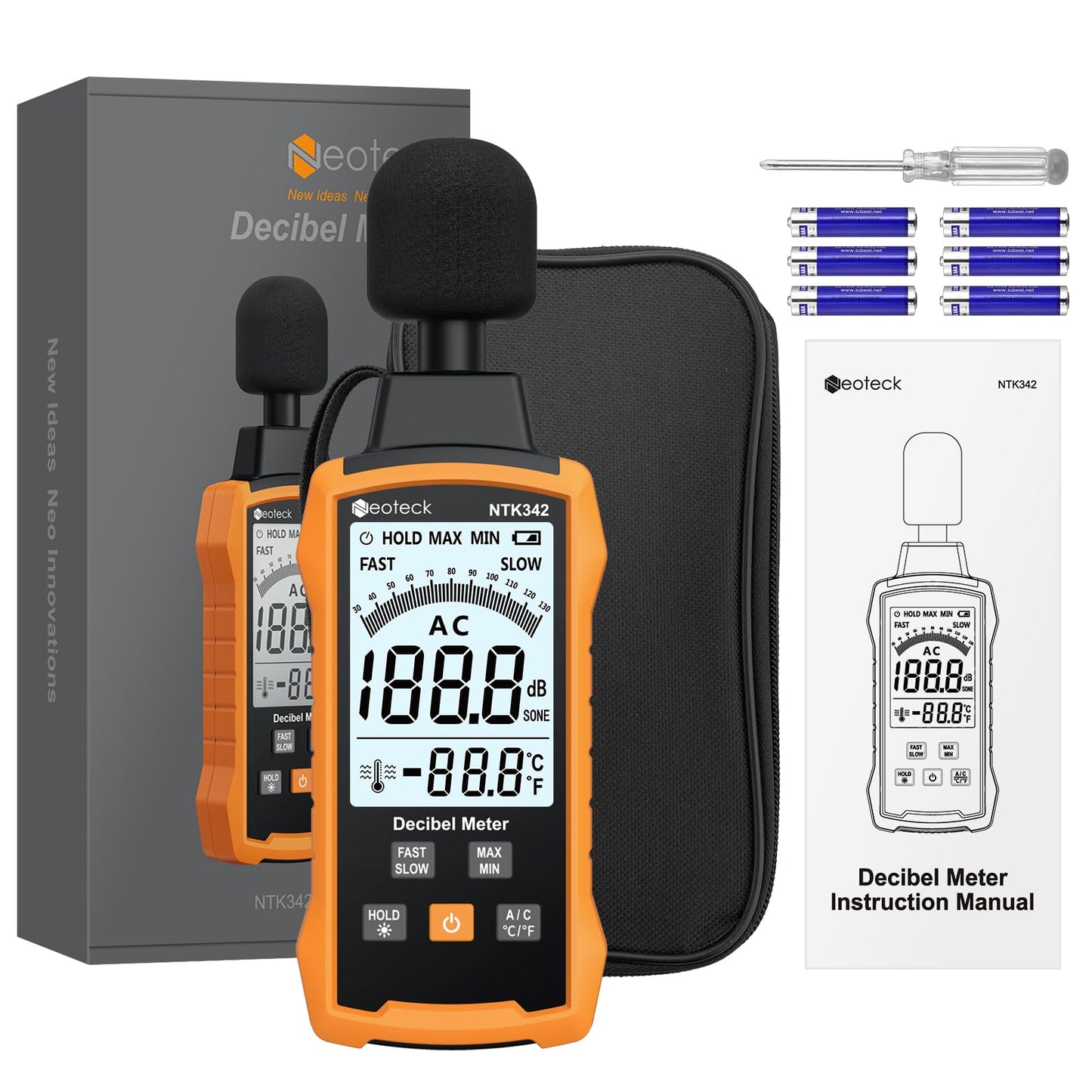 Neoteck 30-130dB Decibel Meter with A/C Weighted Digital Sound Level Meter with MAX/MIN Fast/Slow Response Rate Portable Backlight SPL Meter with Data Hold for Home Office Factories Noisy Neighbors