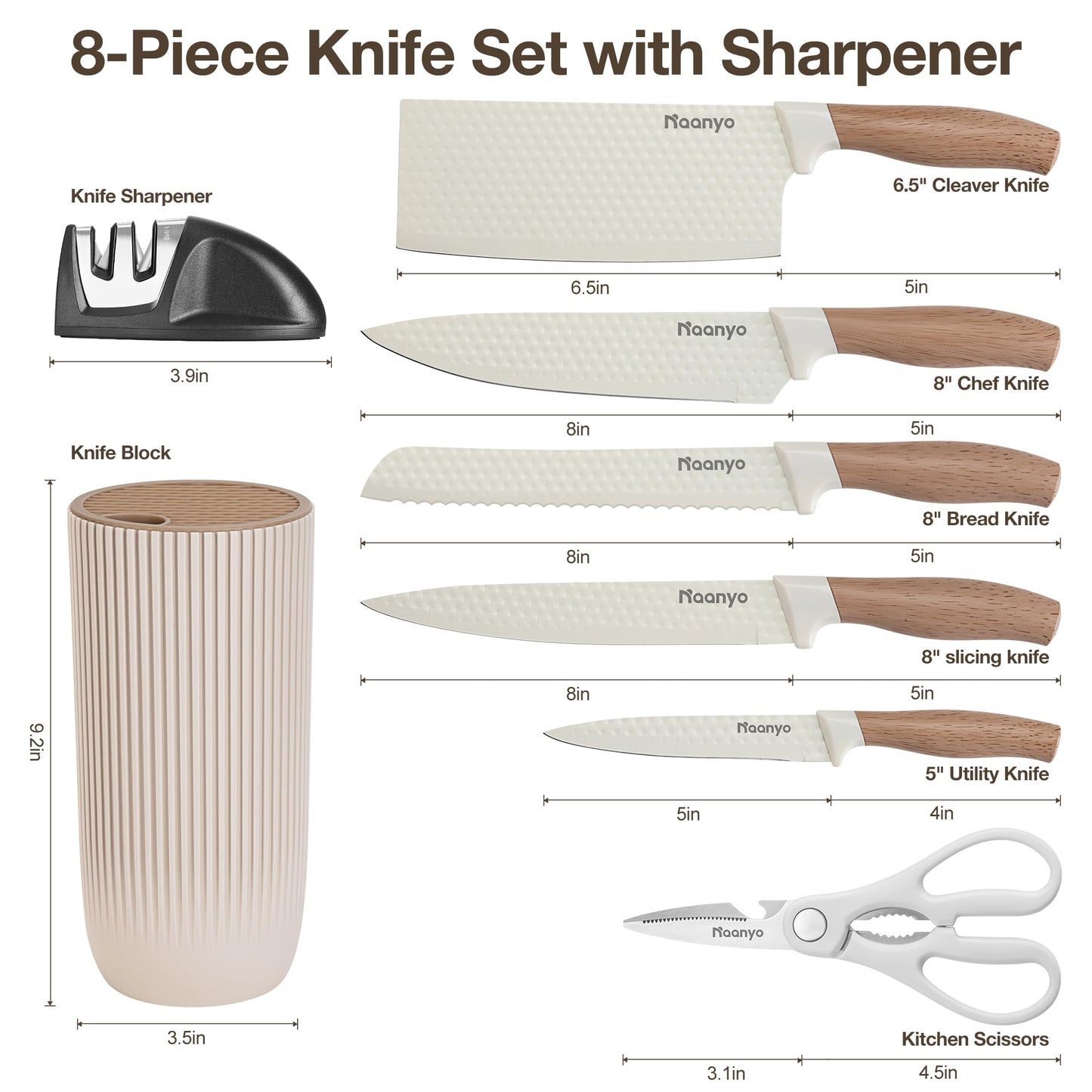 Naanyo 8-Piece Kitchen Knife Set with Sharpener, Universal Knife Block, Stainless Steel Blades, Ergonomic Design, Rust-Resistant, Home & Gift Essentials Chef Knives