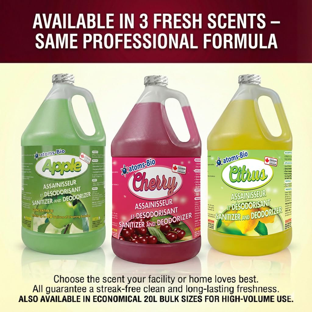atoms-Bio CHERRY 3-in-1 Odor Eliminator & Sanitizer Concentrate – Industrial Cleaner & Deodorizer for Floors, Carpets, Bathrooms, Drains, Garbage, Pet Odors - CFIA Accepted - 3.78 L -Made in Canada