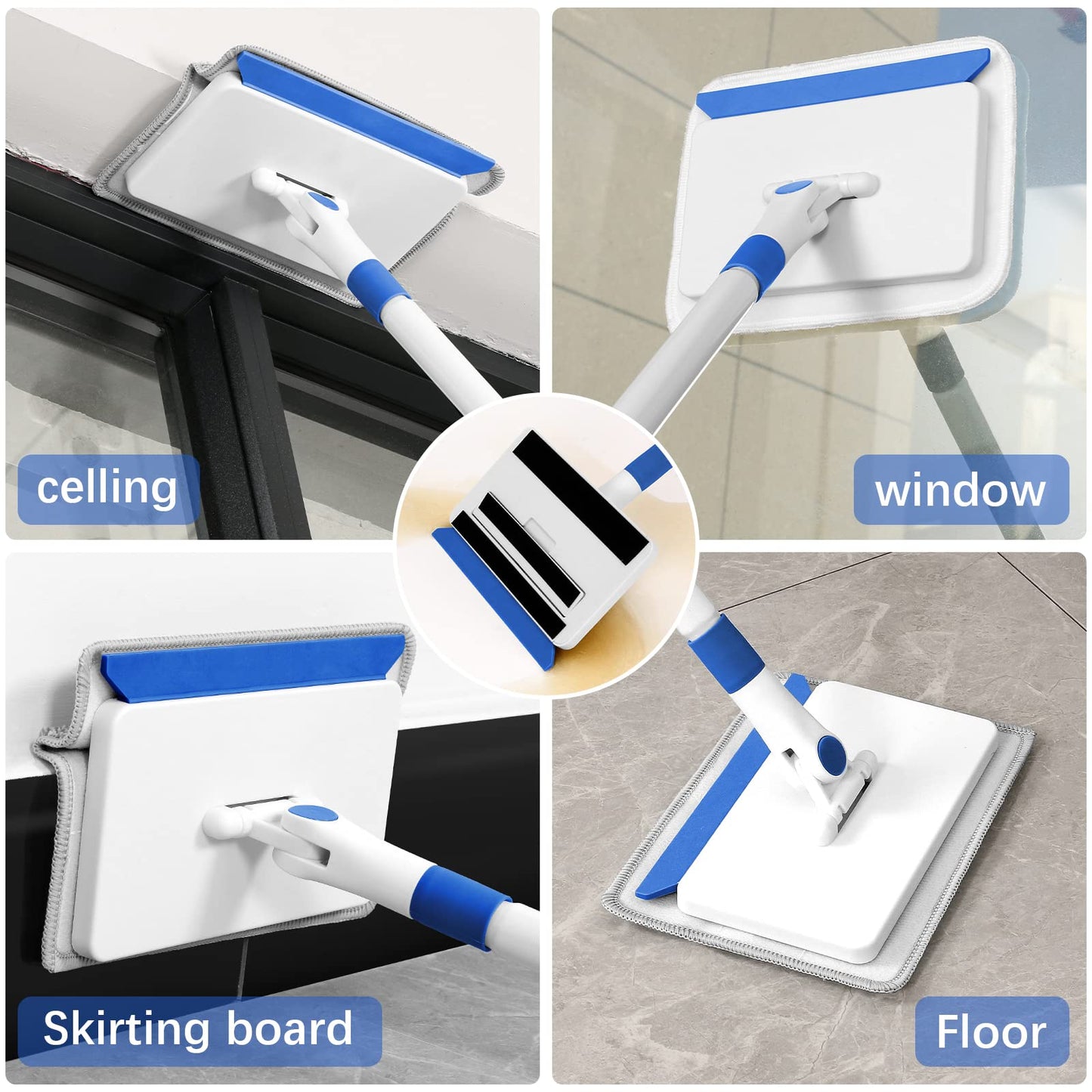 Skirting Board Cleaning Tool with Handle, Wall Cleaner with Long Extendable Handle, Door Frame Cleaning Tool, Including 4 Reusable Cleaning Pads, Quick Clean