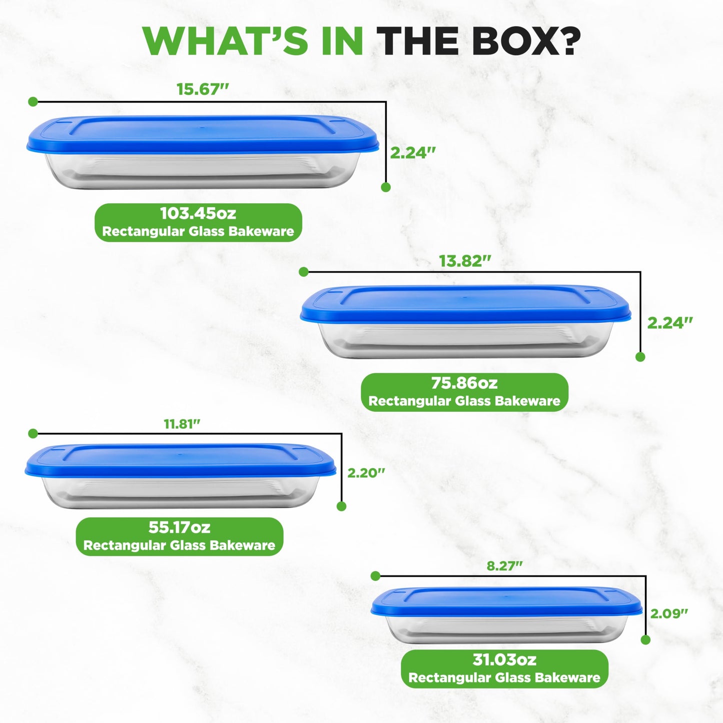 Nutrichef 4 Sets Glass Bakeware-High Borosilicate Rectangular Glass Baking Dish w/Blue BPA-Free PE Lids, Freezer-to-Oven Home Kitchen Bake Casserole Food Storage Stackable Tray Pan, Dishwasher Safe
