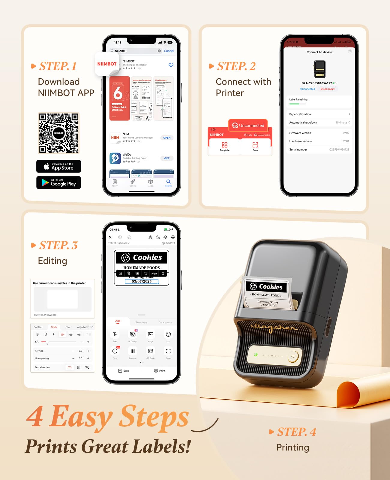 NIIMBOT B21 Inkless Label Maker, Portable Thermal Label Printer for Clothing, Address, Business, Compatible with iOS & Android, with 1 Pack 50x30mm White Label, Black