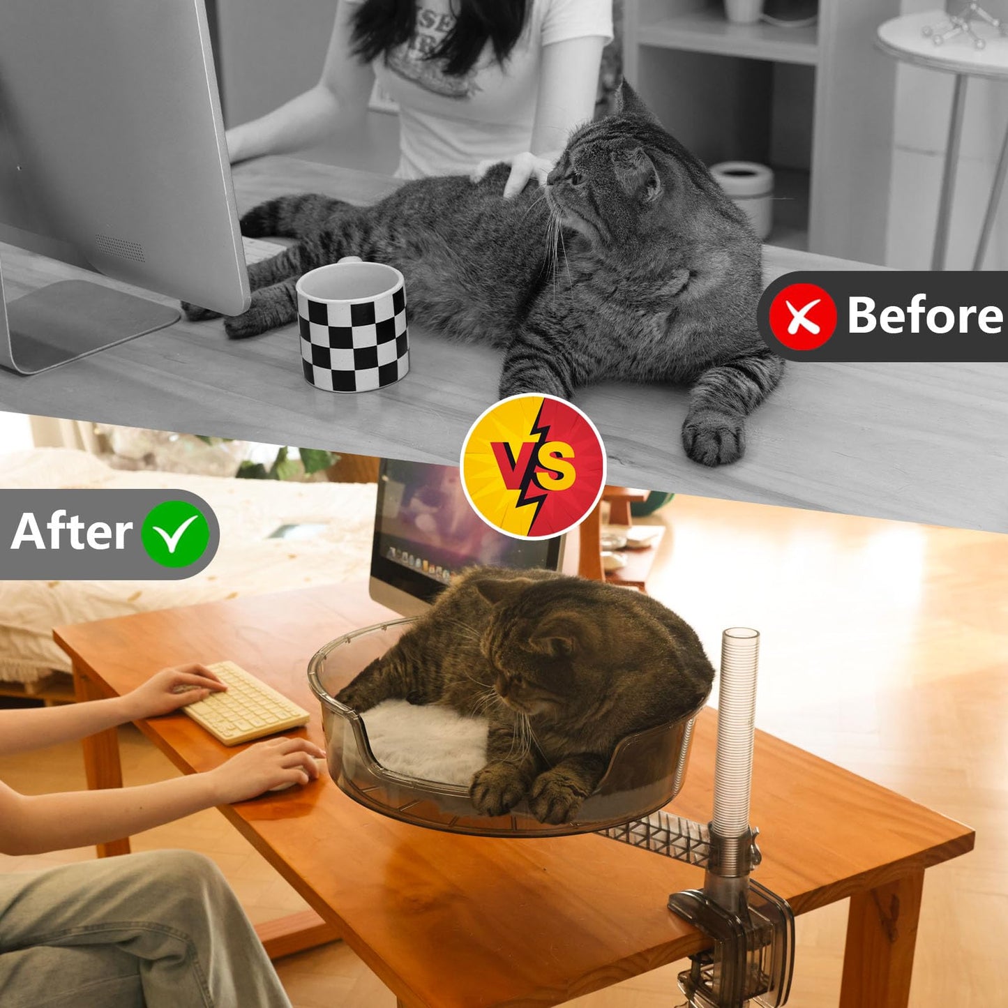 Cat Bed Desk with Pet Mat, Cat Hammock for Desk with Bowl, 360° Rotation and Adjustable Height, Transparent Gray