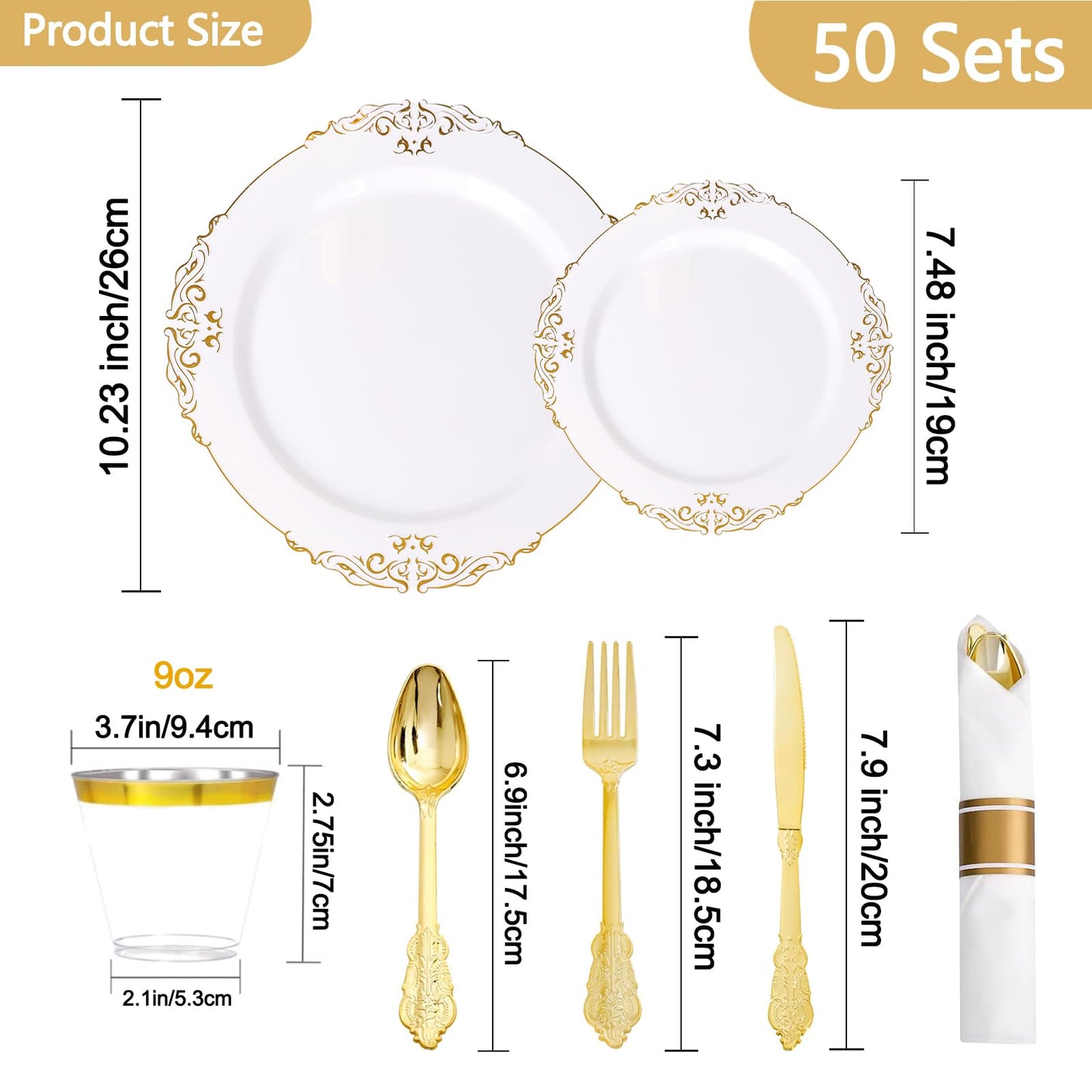 350 Piece Dinnerware Set for Wedding & Party,50 Guest RimPlastic Plates,50 Plastic Silverware,50 Cups,50 Linen Like Napkins (Gilding Gold)