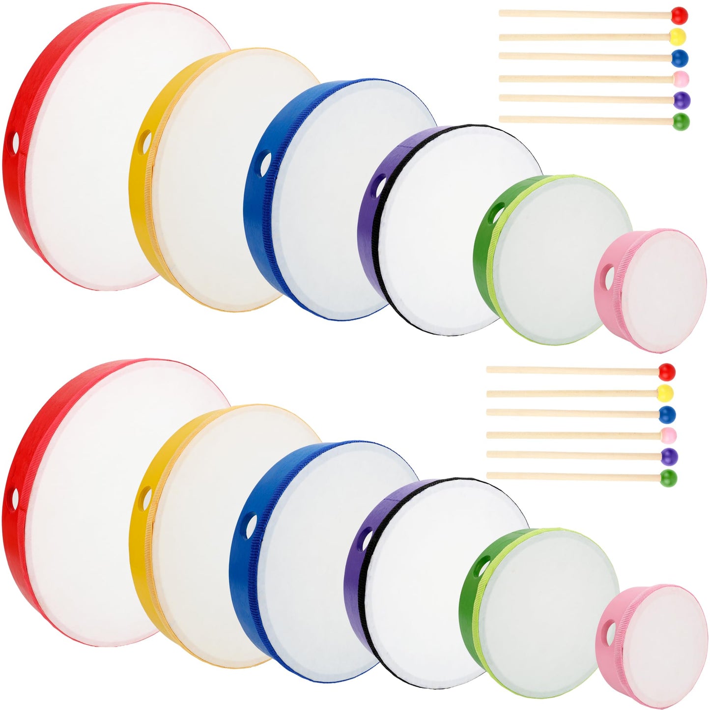 12 Pack Kids Hand Drums Set Wood Frame Drum with Drum Sticks 12 Inch 10 Inch 8 Inch 7 Inch 6 Inch 4 Inch Percussion Instruments for Kids Adults Church Party Beginners Gifts School