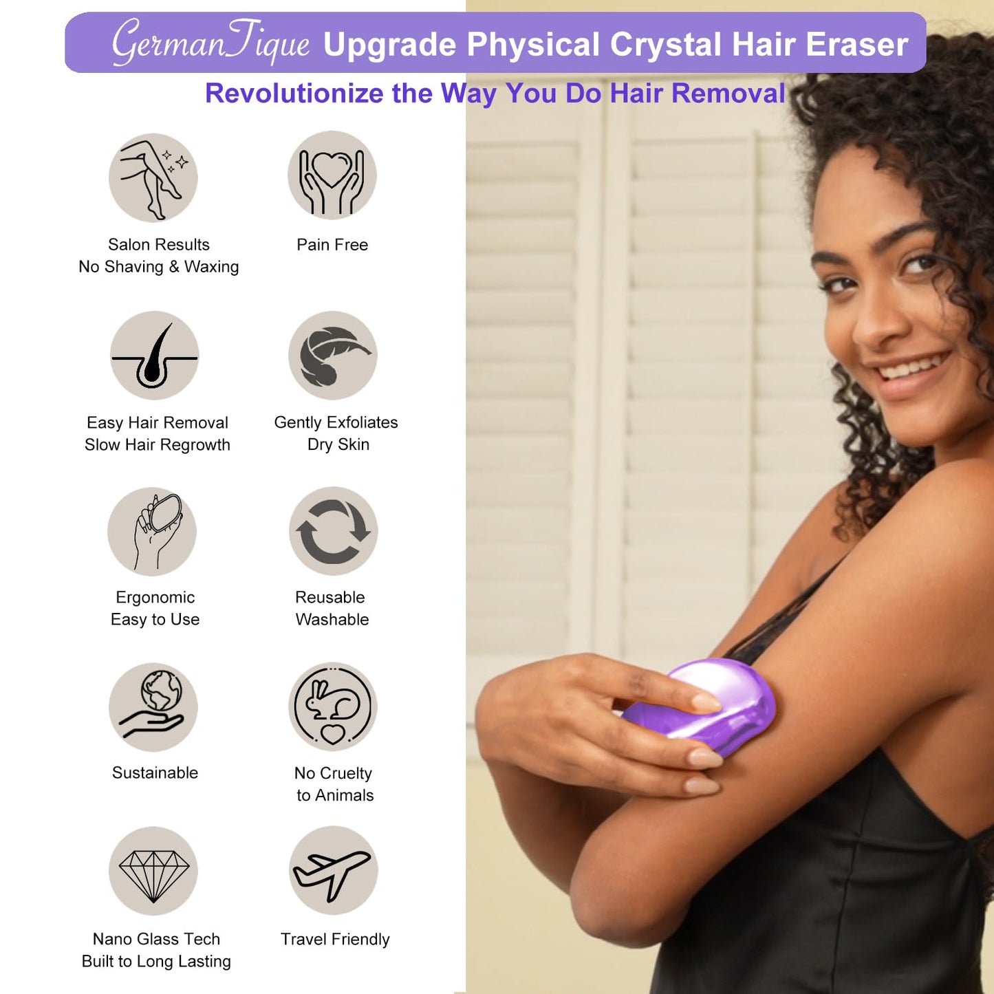 Germantique Crystal Hair Eraser,Natural Crystal Hair Remover,Reusable Painless Nano Glass Hair Removal Device without Shaver,Gentle Crystal Epilator and Exfoliator for Soft Silky Skin(Violet)