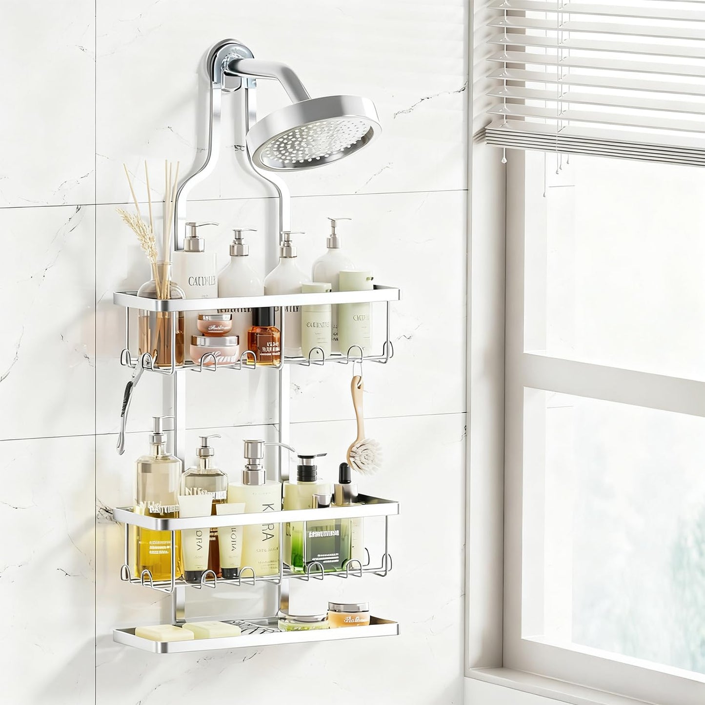 Shower Caddy Hanging, Bathroom Organizers Shelves over Shower Head, Anti-Swing Shower Organizer Shower Shelf, Hanging Shower Caddy with Hooks