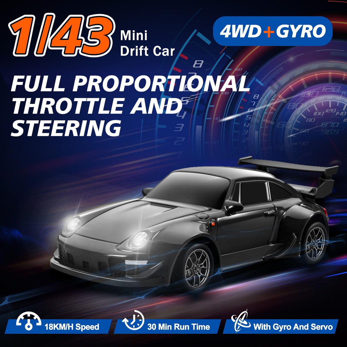 ACAMMZAR Mini RC Drift Car with Gyro, 1:43 4WD Full Proportional RC Cars, 18KM/H High Speed Remote Control Car with Lights, Extra Racing Tires, Vehicle for Adults Kids Boys, Black