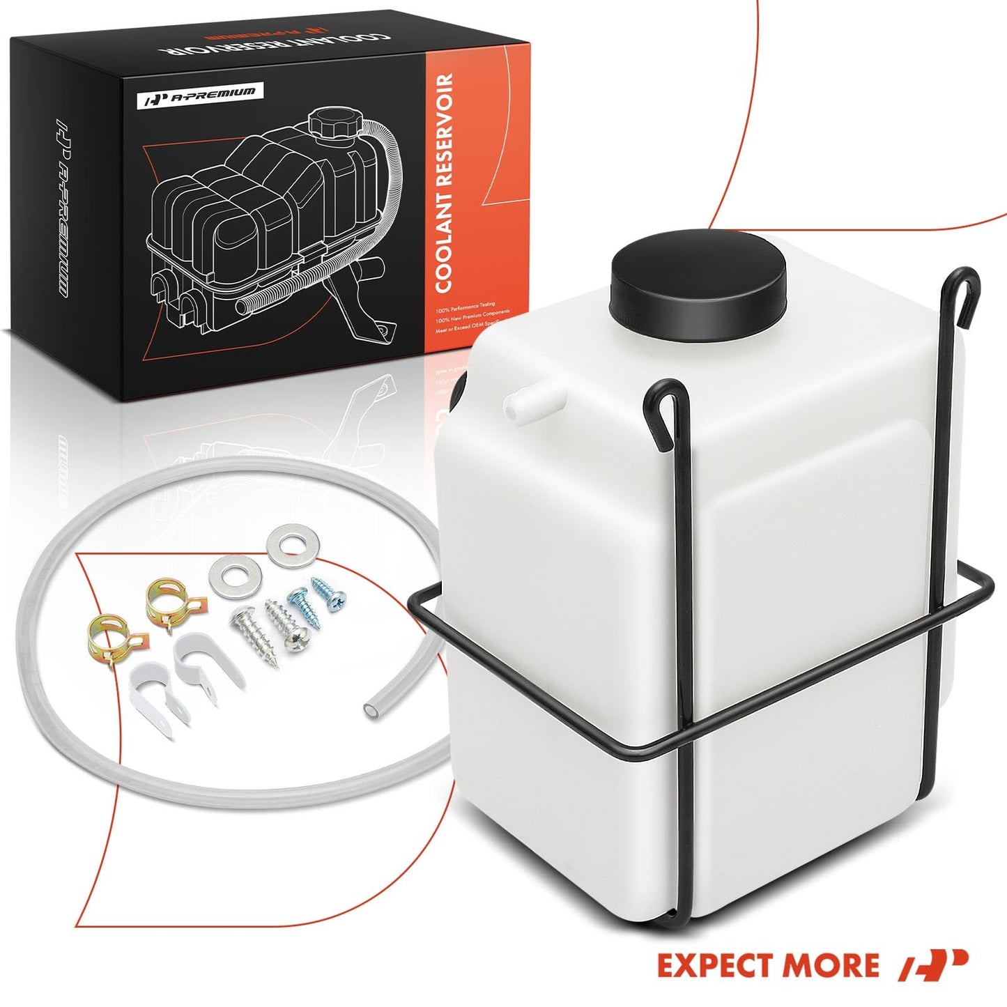 A-Premium Automatic White Universal Coolant Reservoir Bottle Kits Compatible with More Vehicles, W/Mounting Clips, Overflow Tube, Clamps, Cap, Gasket,Screws & More Accessories