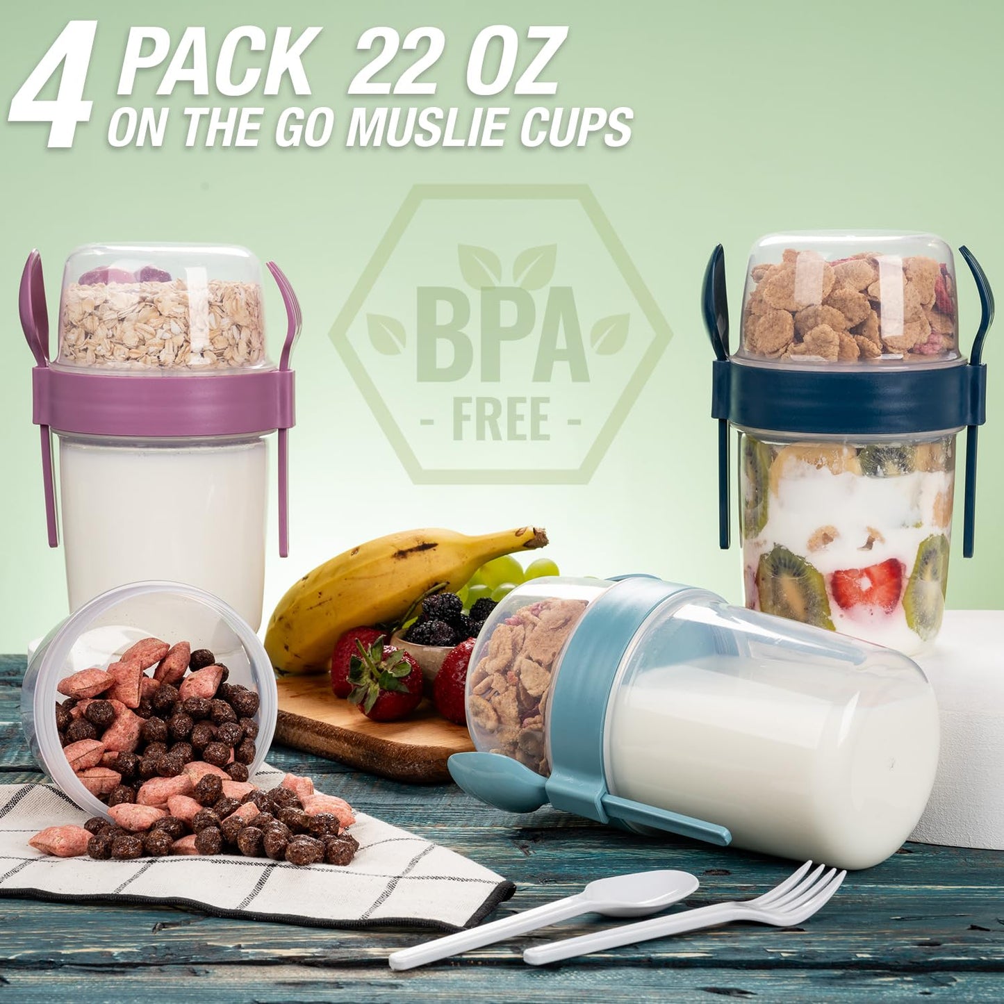 Eynel 650ml Take-go Fruit Muesli Container with Spoon Picnic Work Yogurt Milk Cup Breakfast Glasses with Lid and Spoon, Cereal Topper Oatmeal Granola (Set of 4)