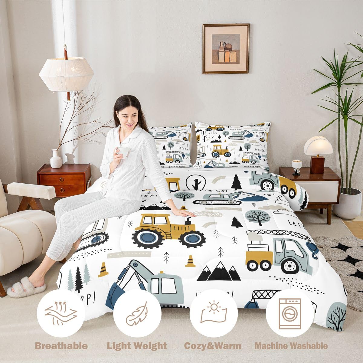 Cartoon Car Kids Comforter Set Construction Bedding Set Decor Equipment Trucks Comforter Cartoon Car Excavator Tractor White Yellow Duvet Set Bedroom Quilt Set 3Pcs Full