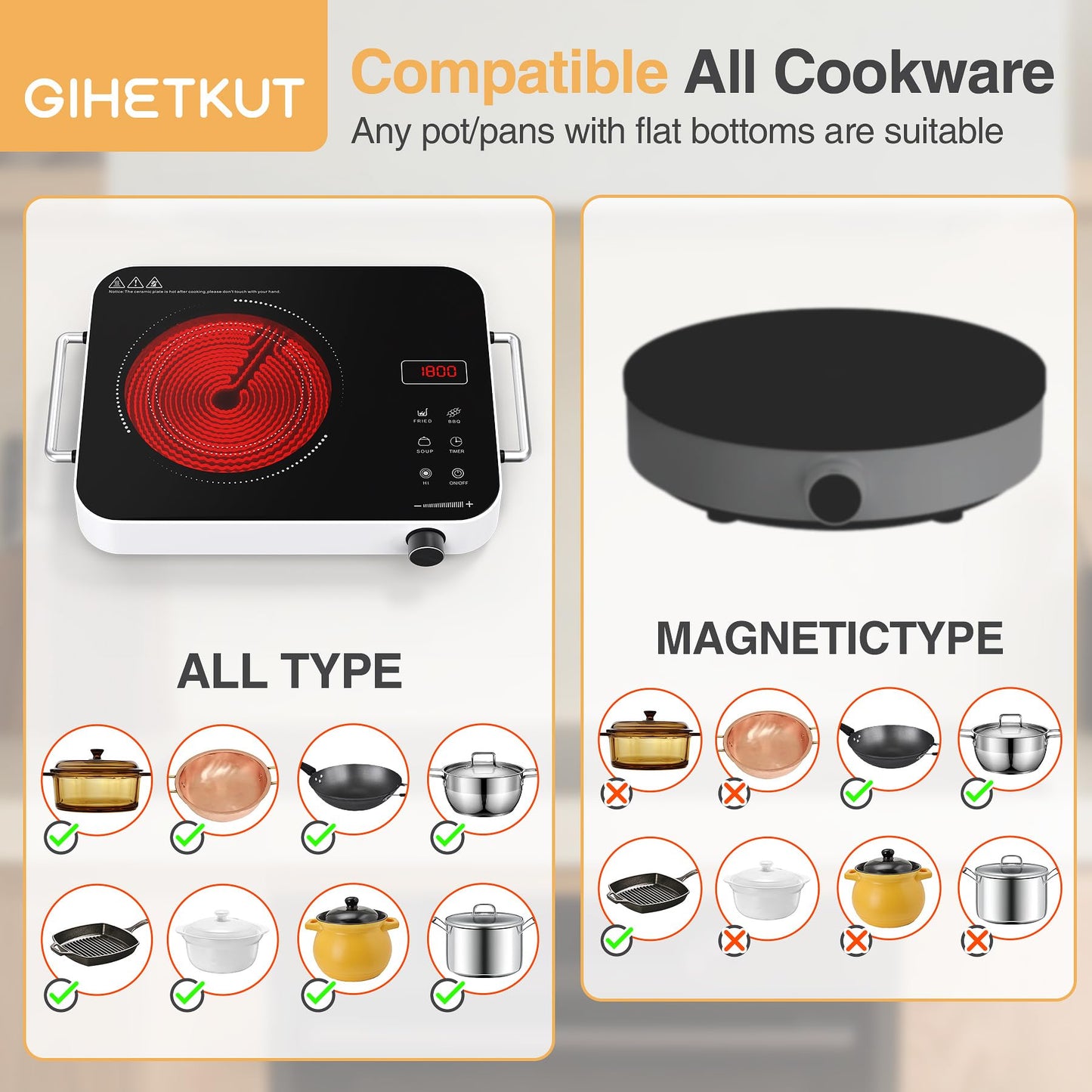 GIHETKUT Electric Cooktop Single Burner, 1800W 110V Electric Stove Top with Knob Control, Portable Induction Cooktop with 2 Handle, Hot plate with Double Ring Heating, 4 hours Timer