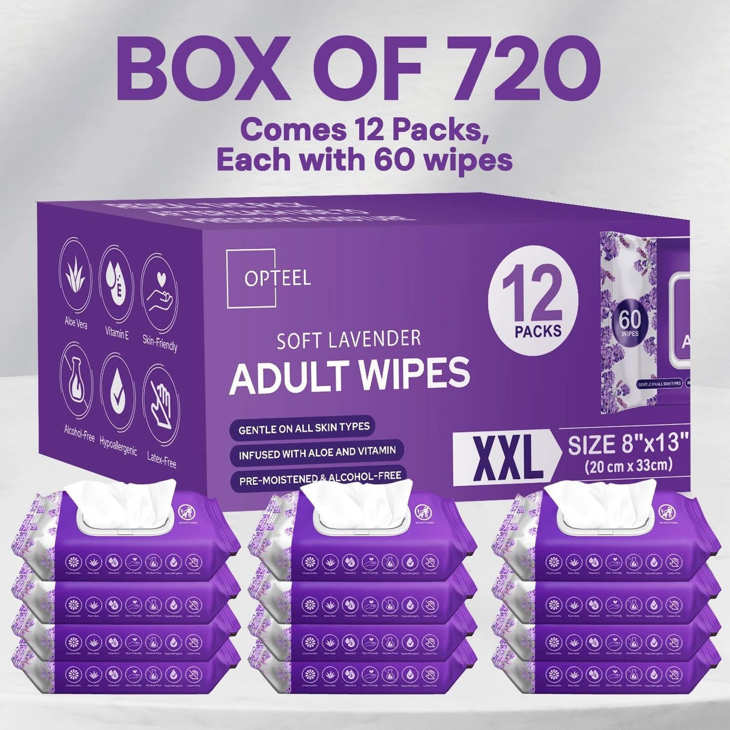 Adult Wipes Lavender Scented – Soft No-Rinse Incontinence Care Disposable Washcloths 8"x13" 720 Wipes