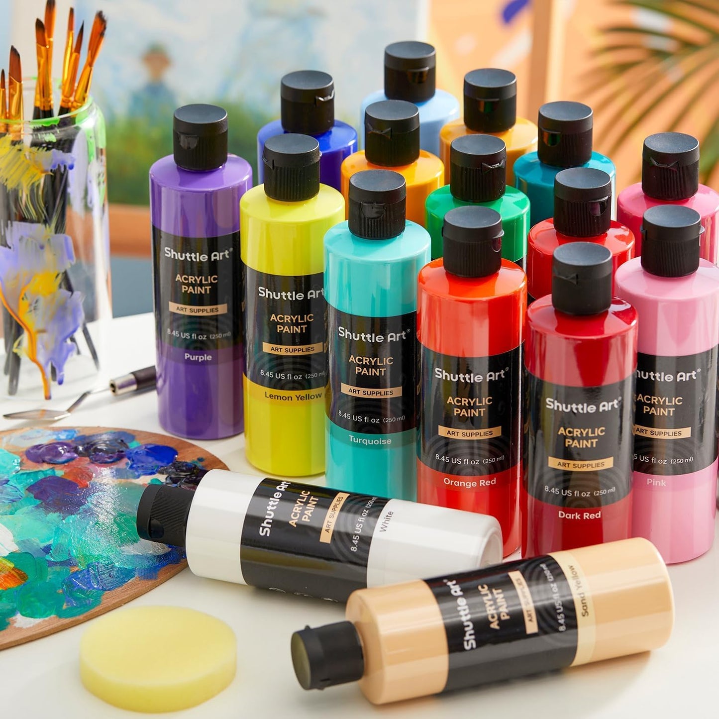 Shuttle Art Acrylic Paint, 24 Colors Acrylic Paint Bottle Set, 250ml/8.45oz Each, Rich Pigments, High Viscosity, Bulk Paint for Artists, Beginners and Kids Painting on Rocks Crafts Canvas Wood Ceramic