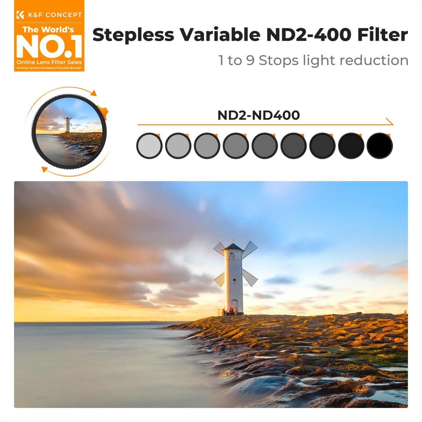 K&F CONCEPT 77mm Ultra-Low Reflectance Variable ND Filter - ND2-ND400 (1-9 Stops) HD Optical Glass 28-Layer Nano Coating Neutral Density Filter for Camera Lens (Nano-X Series)