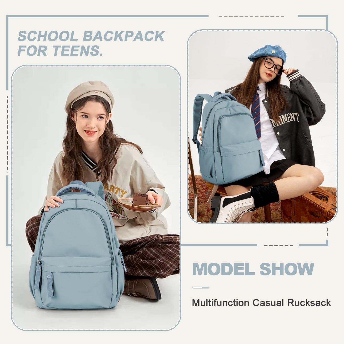 Backpack for School Women College High School Bag for Girls Teen Boys Book Bag Casual Travel Laptop Backpacks for Men Light Blue
