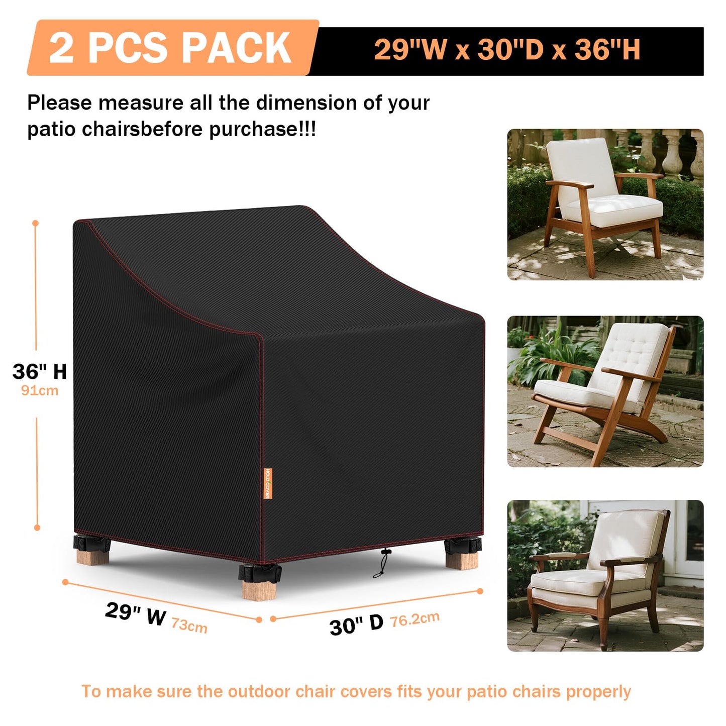 Patio Chair Covers,2 Pack Lawn Outdoor Furniture Chair Covers with Strip, Heavy Duty Chair Cover for Lawn Lounge Deep Seat, Patio Dining Chair and High-Back Chair (Black, 29''W x 30''D x 36''H)