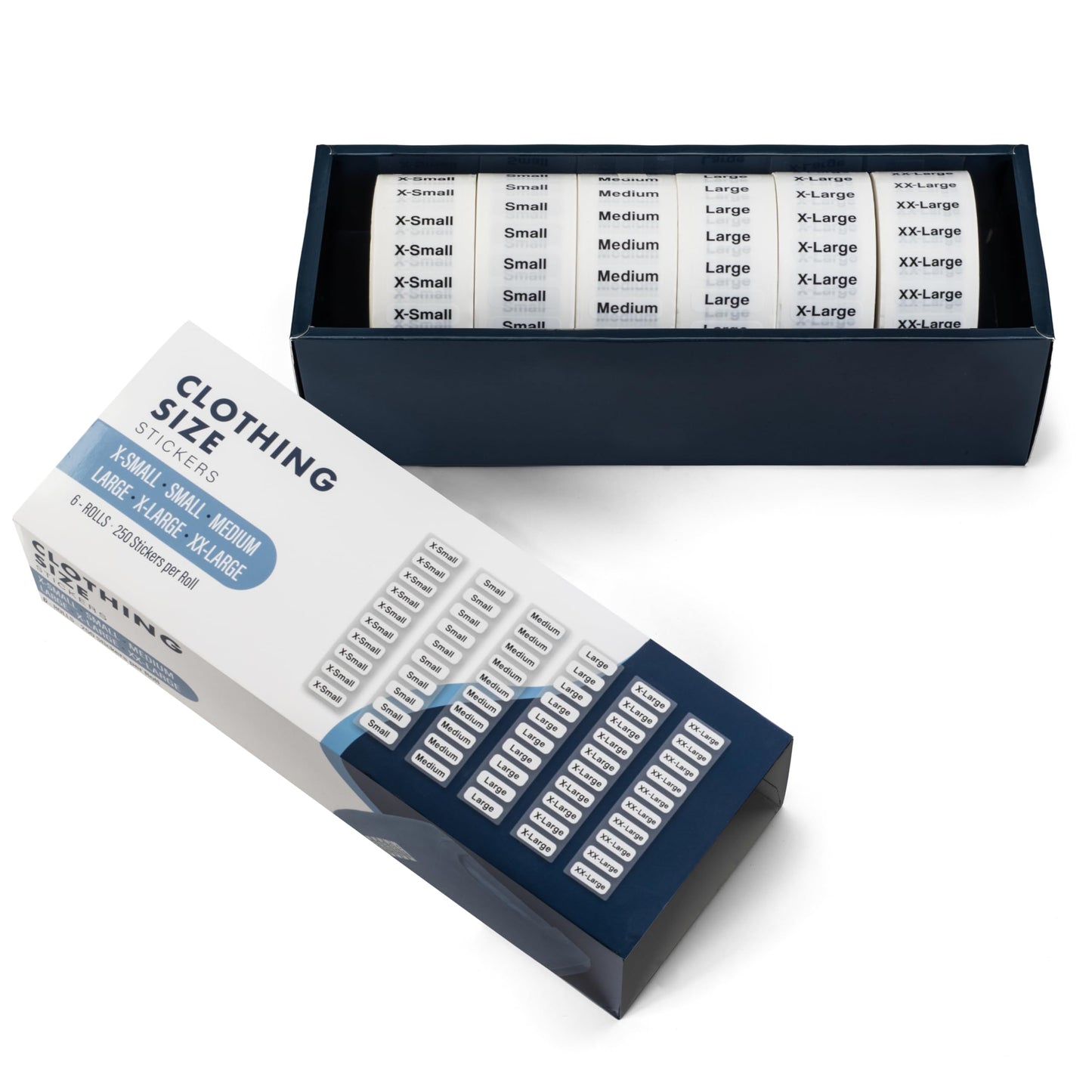 1500pcs Clothing Size Strip Labels Box Set, 1.25" x 5", 6 Rolls (XS, S, M, L, XL, XXL), 250/Roll, Clear Size Sticker Labels for Shirts, Pants, Accessories, Retail Clothing