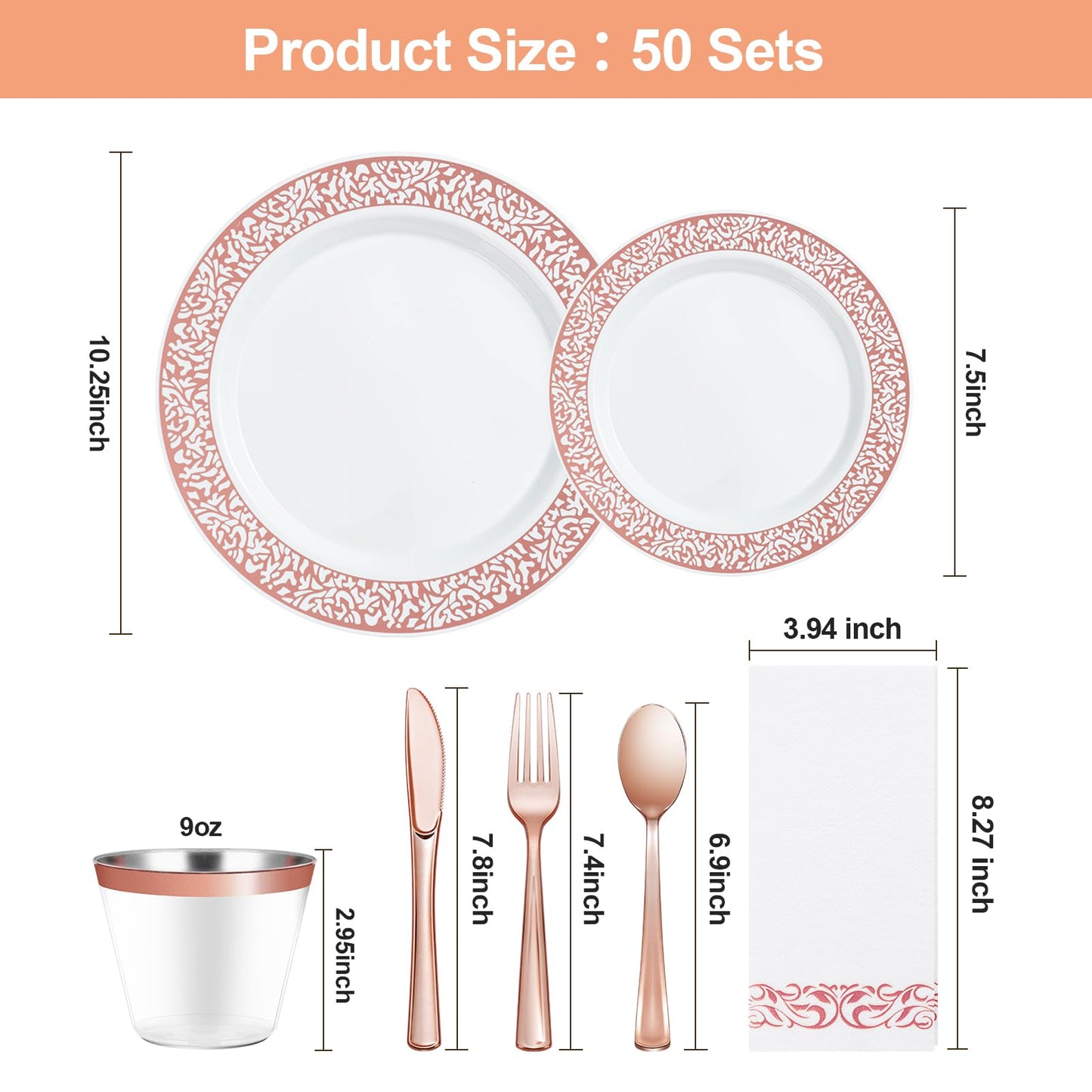Bestluck 350PCS Rose Gold Plastic Dinnerware Set for 50 Guests, Disposable Plates for Party, Wedding, Include 50 Rose Gold Dinner Plates, 50 Dessert Plates, 50 Set Silverware, 50 Cups, 50 Napkins