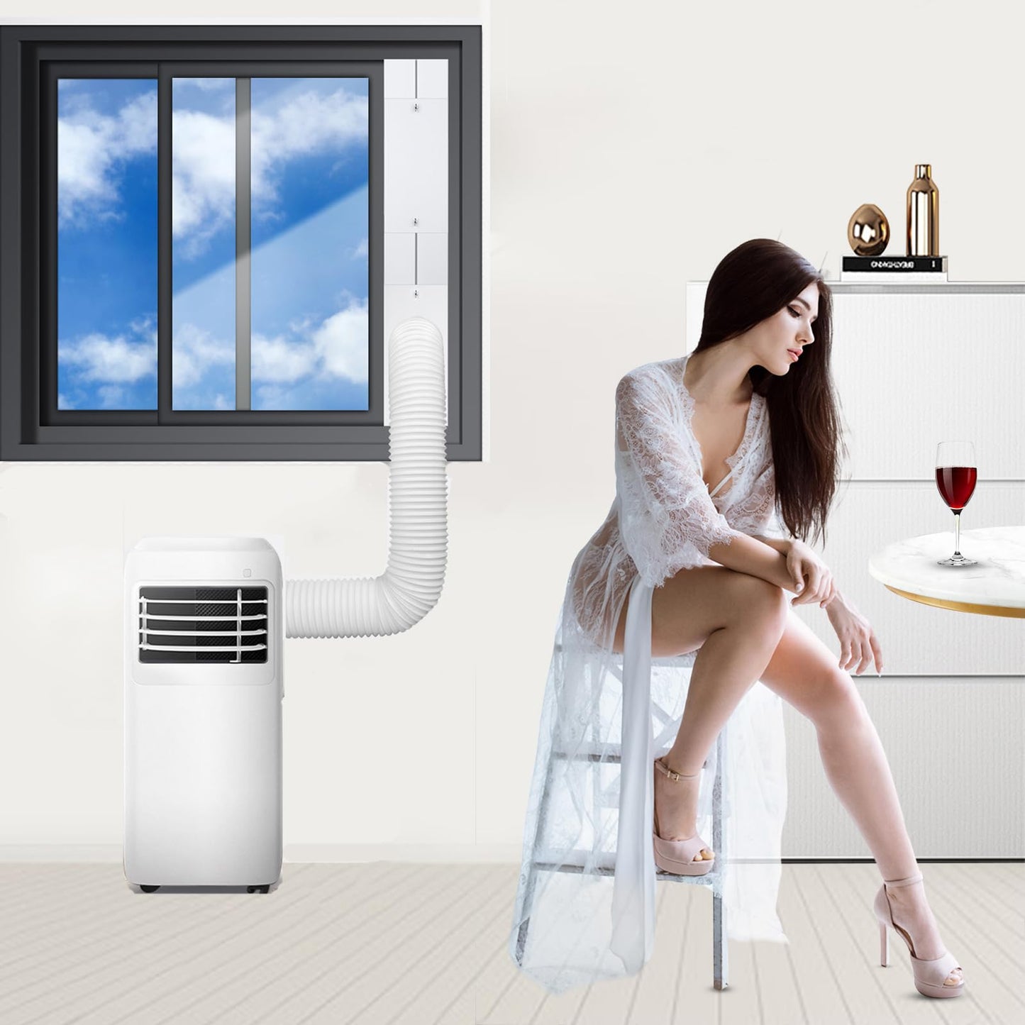 Portable Air Conditioner Window Vent Seal Kit with Universal Coupler, Adjustable Portable AC Vent Kit for Vertical & Horizontal Sliding Window, Fit for All AC with 5.9 Inch Diameter Exhaust Hose