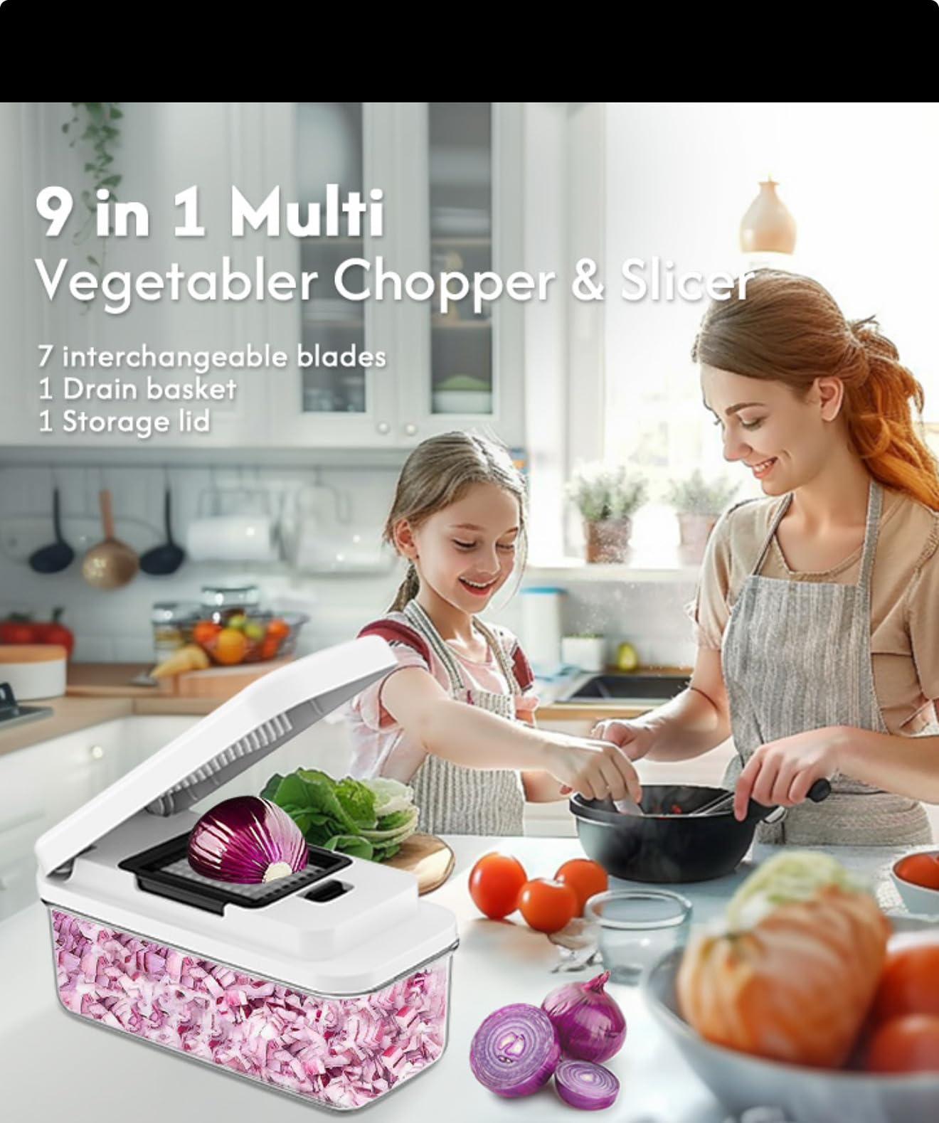 NARINK Vegetable Chopper Veggie Cutter Mandoline Slicer 9 in1 Efficient Kitchen Gadget- Salad Chopper- Onion Chopper-Food Chopper- French Fry Cutter- Salad Cutter with Drain Basket and Storage Lid
