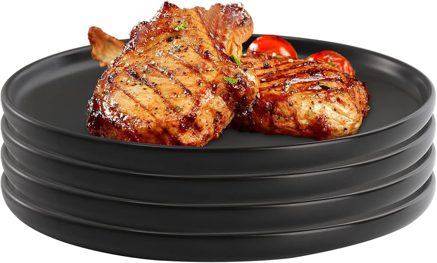 ZENFUN Set of 4 Porcelain Dinner Plates, 10 Inch Matte Ceramic Dish Steak Plates, Elegant Large Round Serving Plates for Salad, Pasta, Pizza, Dishwasher & Microwave Safe, Black