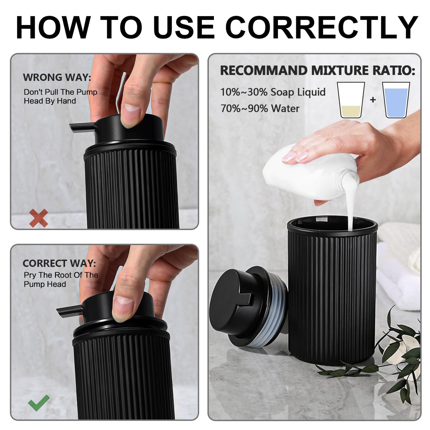 KASUNTING Matte Black Foaming Soap Dispenser, 2 Pack Ribbed Glass Foam Hand Soap Dispenser for Bathroom, Refillable Foaming Pump Bottle with Black Pump, Modern Dish Soap Foam Dispenser