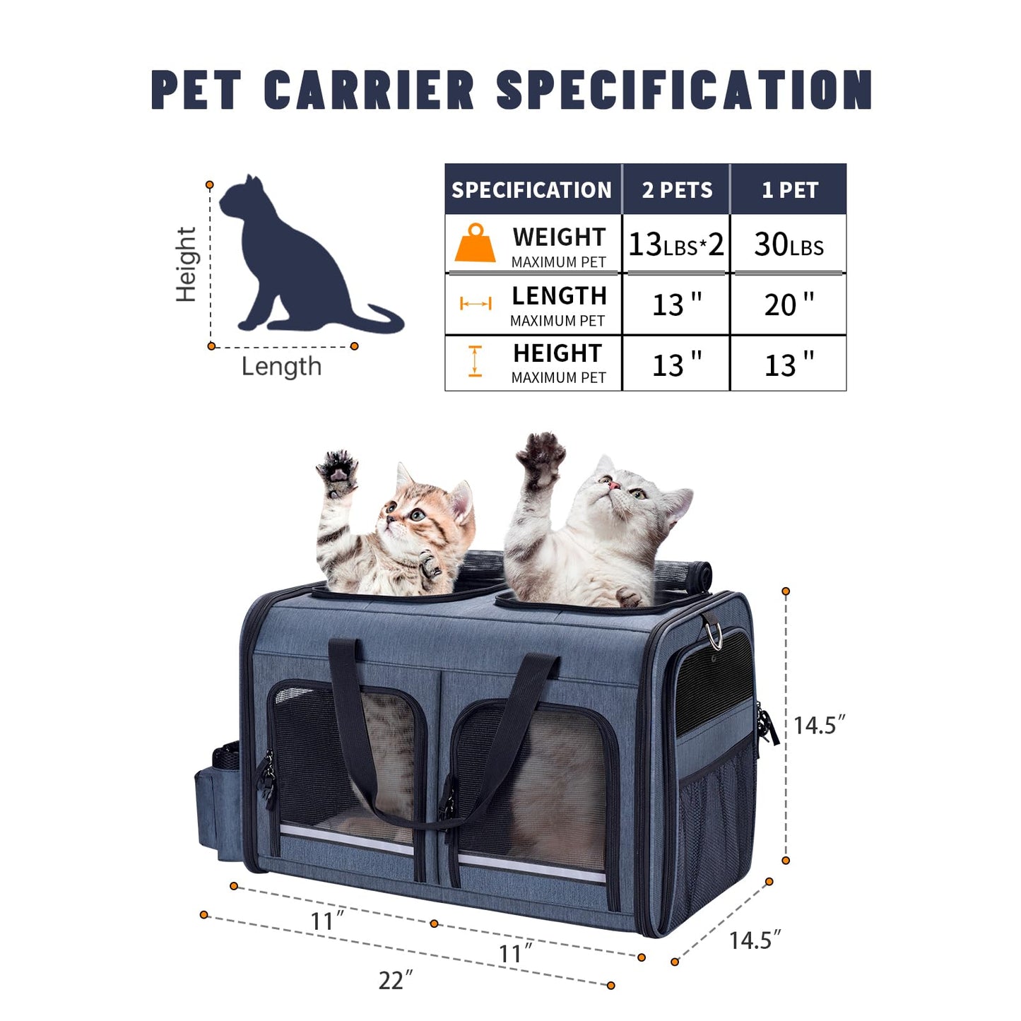 Cat Carrier for 2 Cats, Foldable Double Cat and Dog Carrier, Small to Medium Size, 2 Front Zippered Compartments,Two Pets Carrier for Outdoor Travel,Mulitple Cat Carrier, Grey